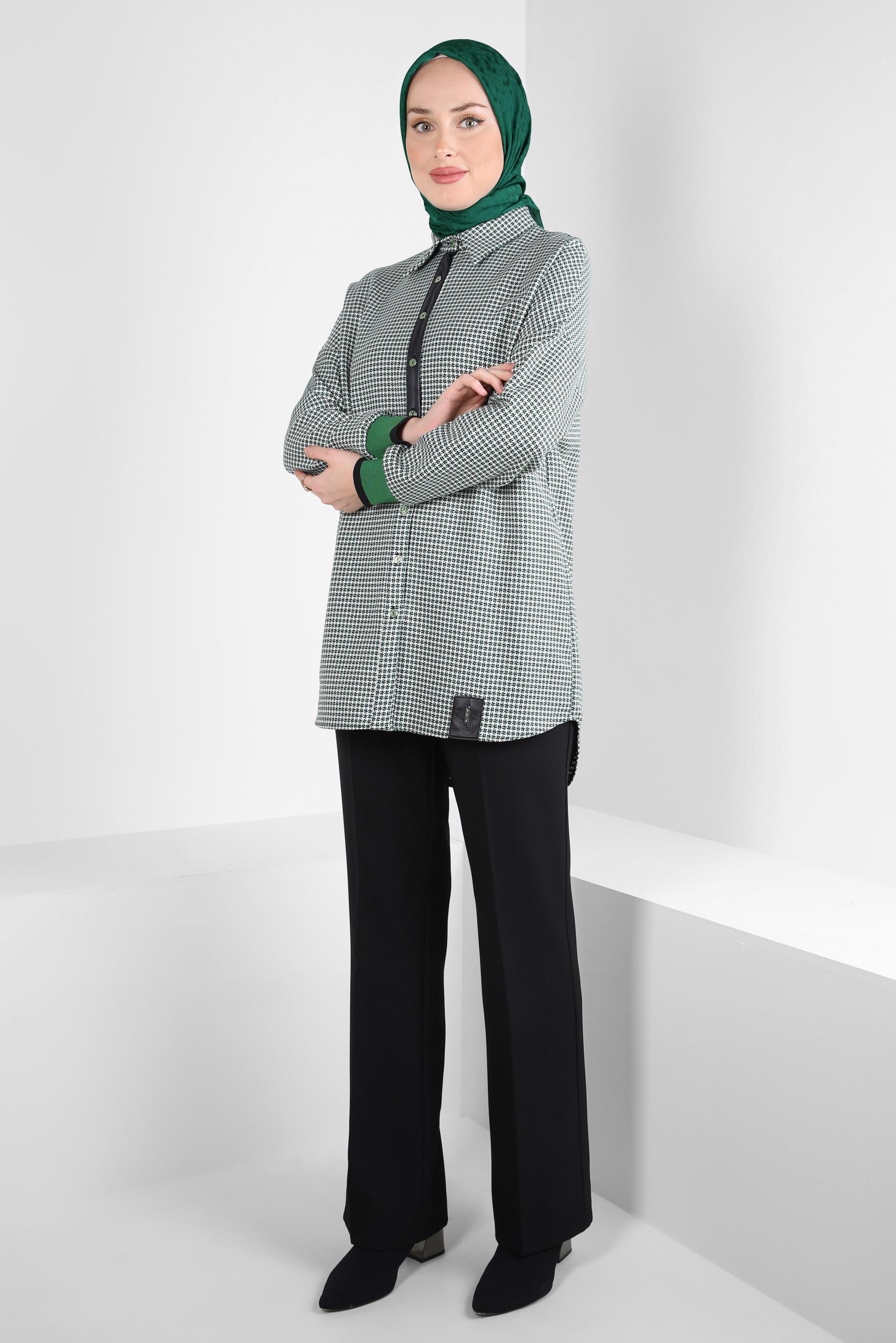 Tesettür giyim YEŞİL KAZAYAĞI DESENLİ GÖMLEK TUNİK 44325