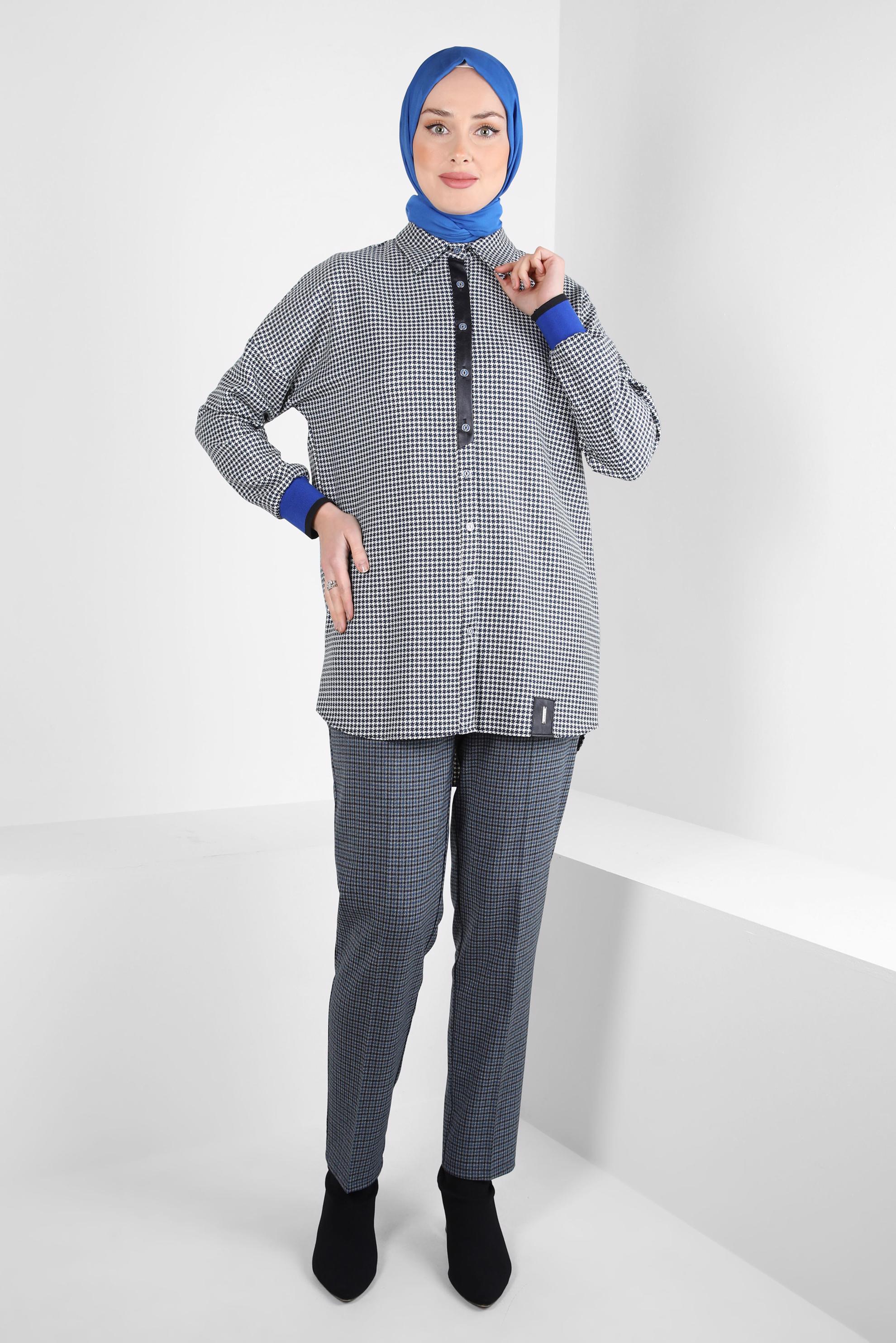 Tesettür giyim LACİVERT KAZAYAĞI DESENLİ GÖMLEK TUNİK 44325