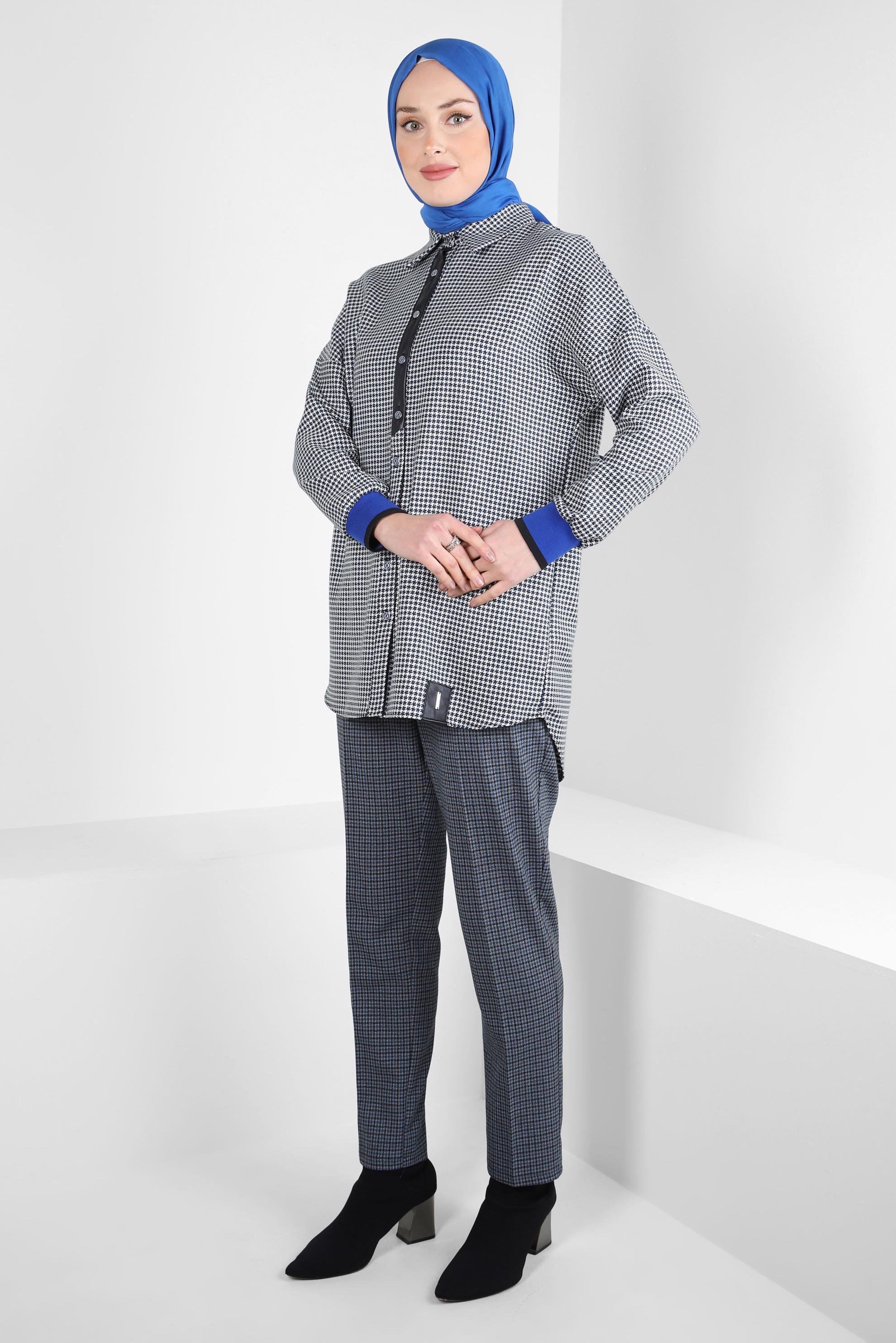 Tesettür giyim LACİVERT KAZAYAĞI DESENLİ GÖMLEK TUNİK 44325