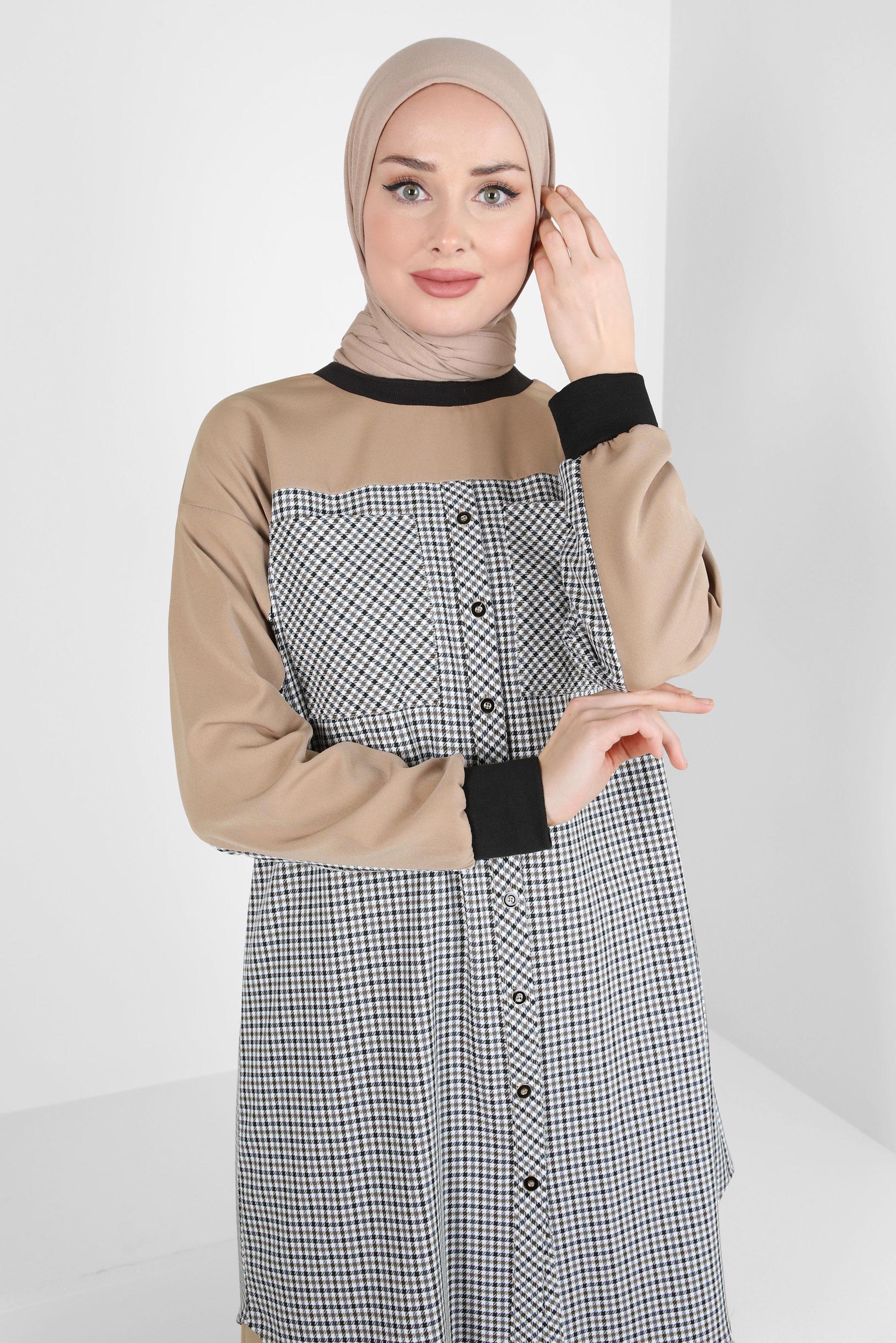 Tesettür giyim KAHVE EKOSE DESENLİ TUNİK 44326