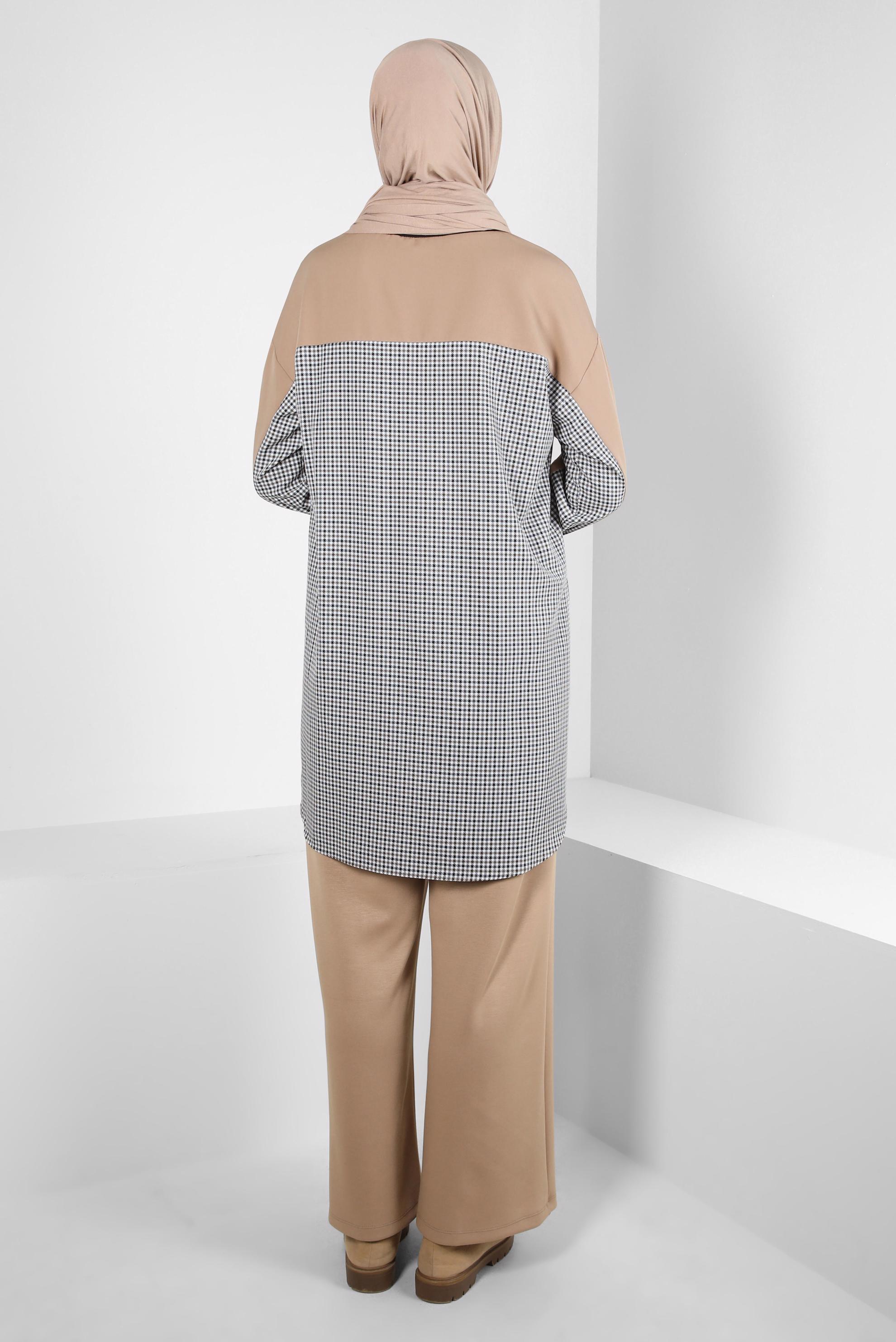 Tesettür giyim KAHVE EKOSE DESENLİ TUNİK 44326