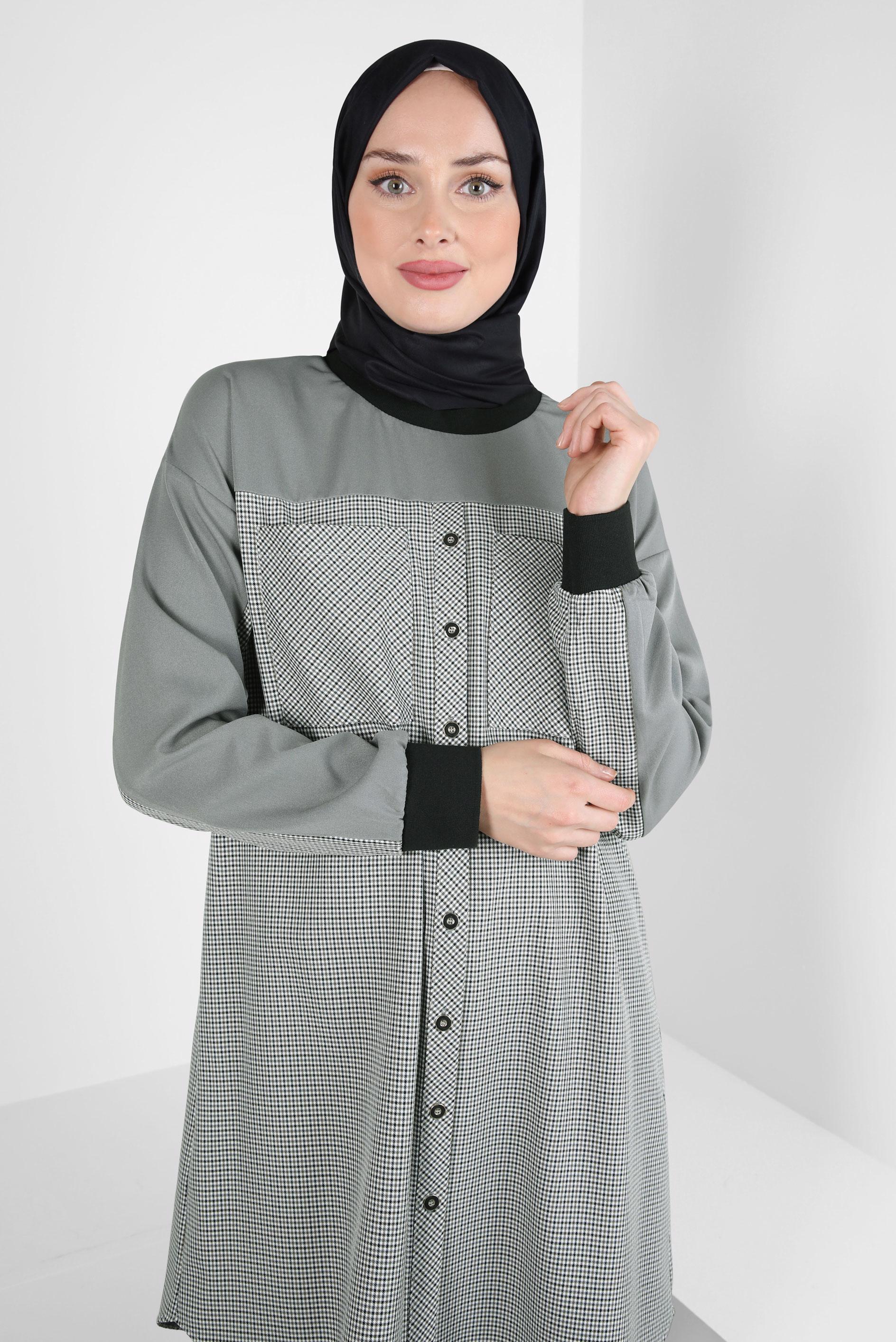 Tesettür giyim GRİ EKOSE DESENLİ TUNİK 44326-1