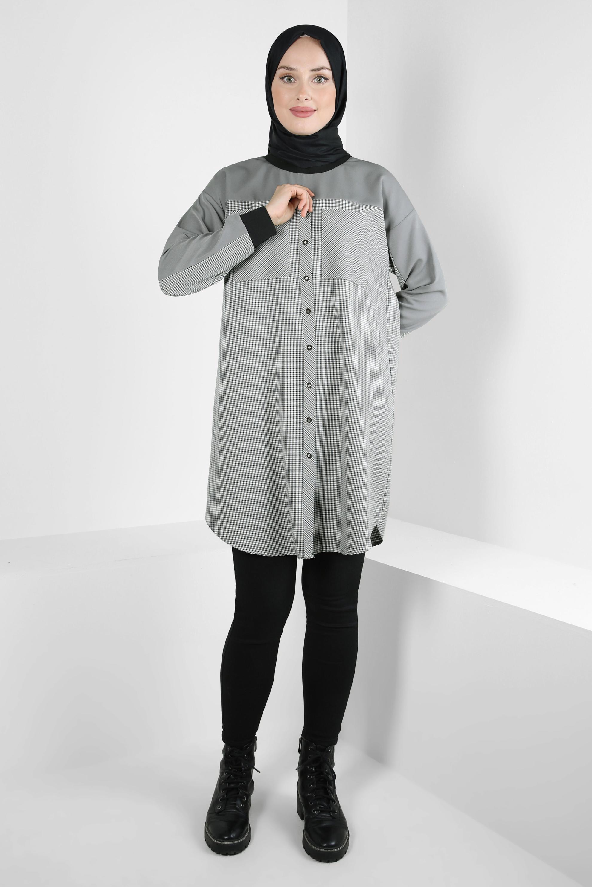 Tesettür giyim GRİ EKOSE DESENLİ TUNİK 44326-1