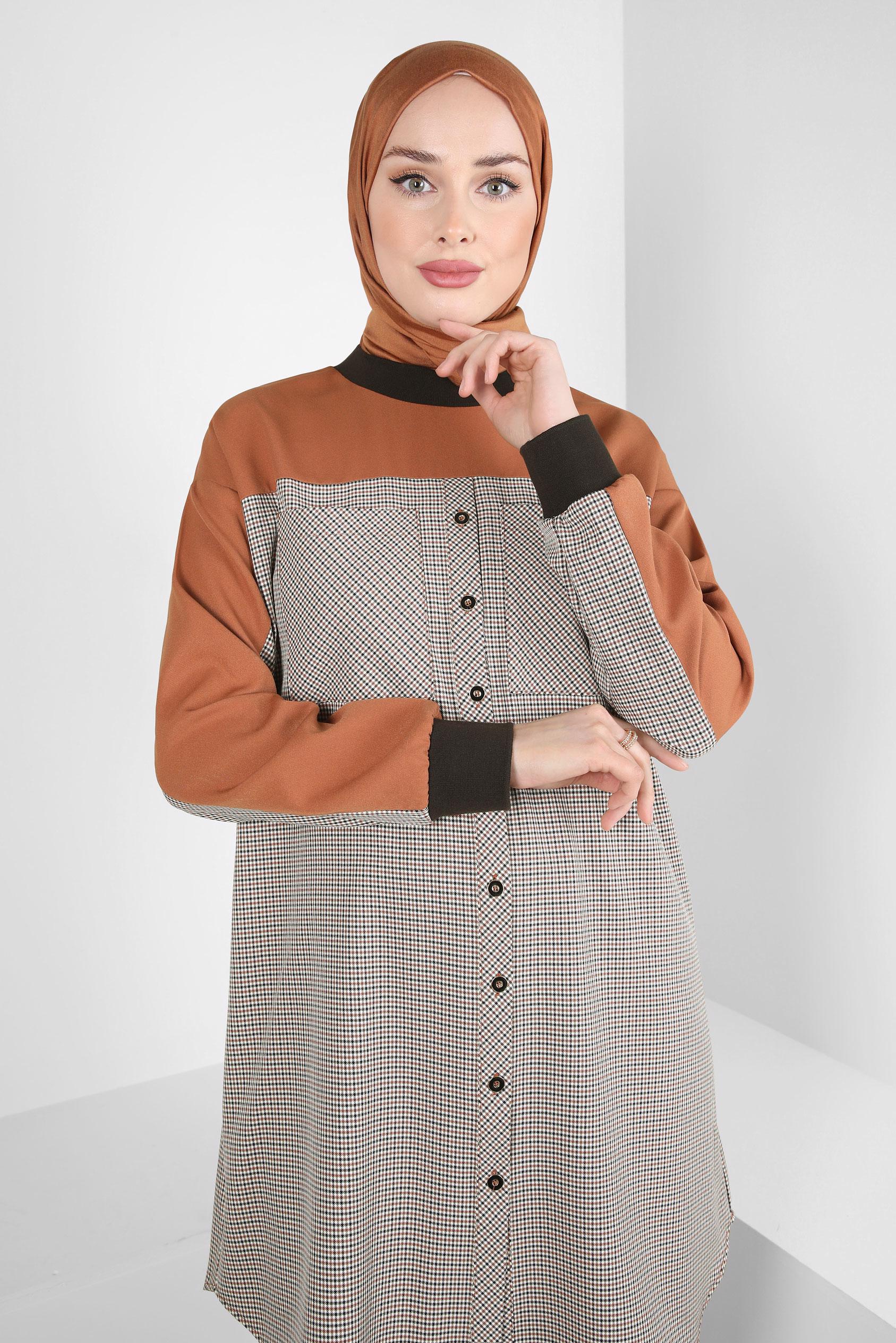 Tesettür giyim TURUNCU EKOSE DESENLİ TUNİK 44326-1