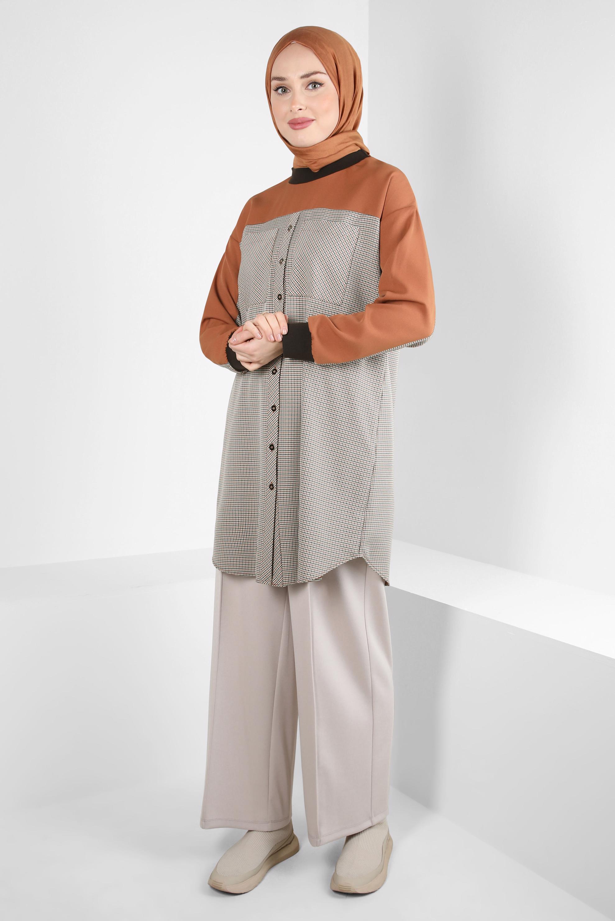 Tesettür giyim TURUNCU EKOSE DESENLİ TUNİK 44326-1