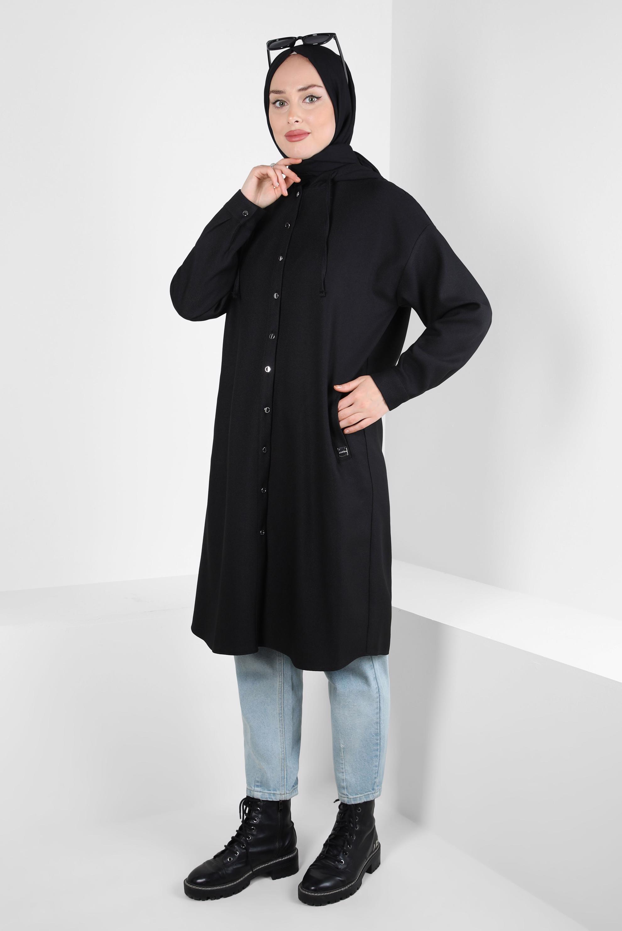 Tesettür giyim SİYAH KAPÜŞONLU TUNİK 44341