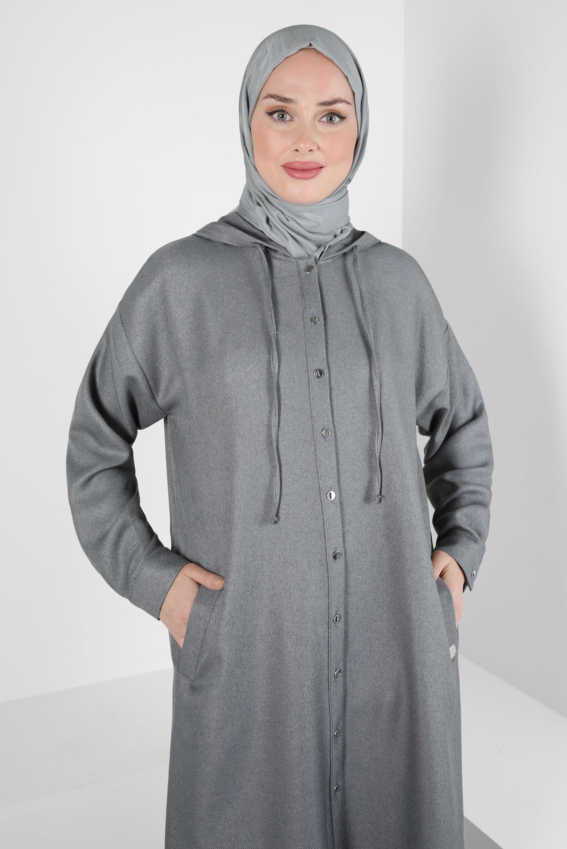 Tesettür giyim GRİ KAPÜŞONLU TUNİK 44341