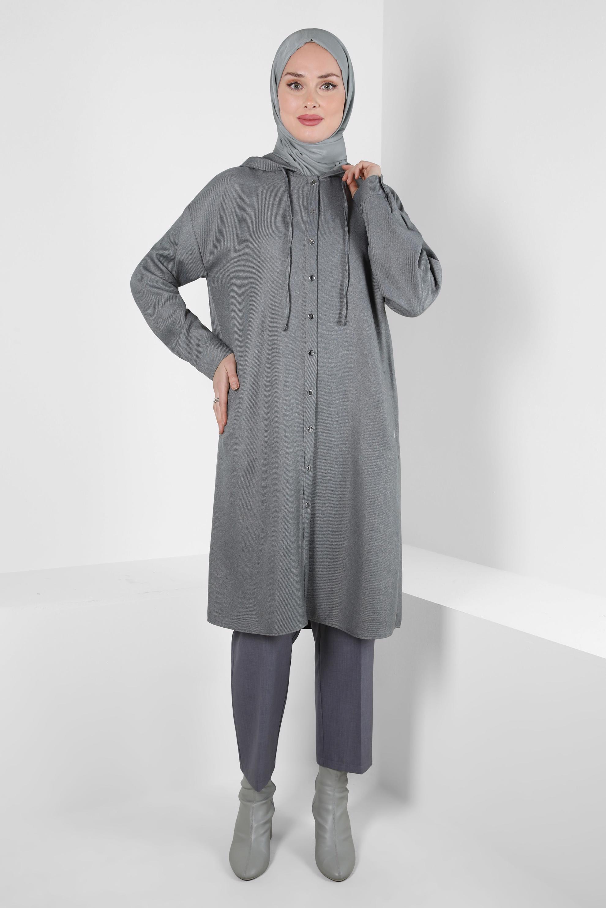 Tesettür giyim GRİ KAPÜŞONLU TUNİK 44341