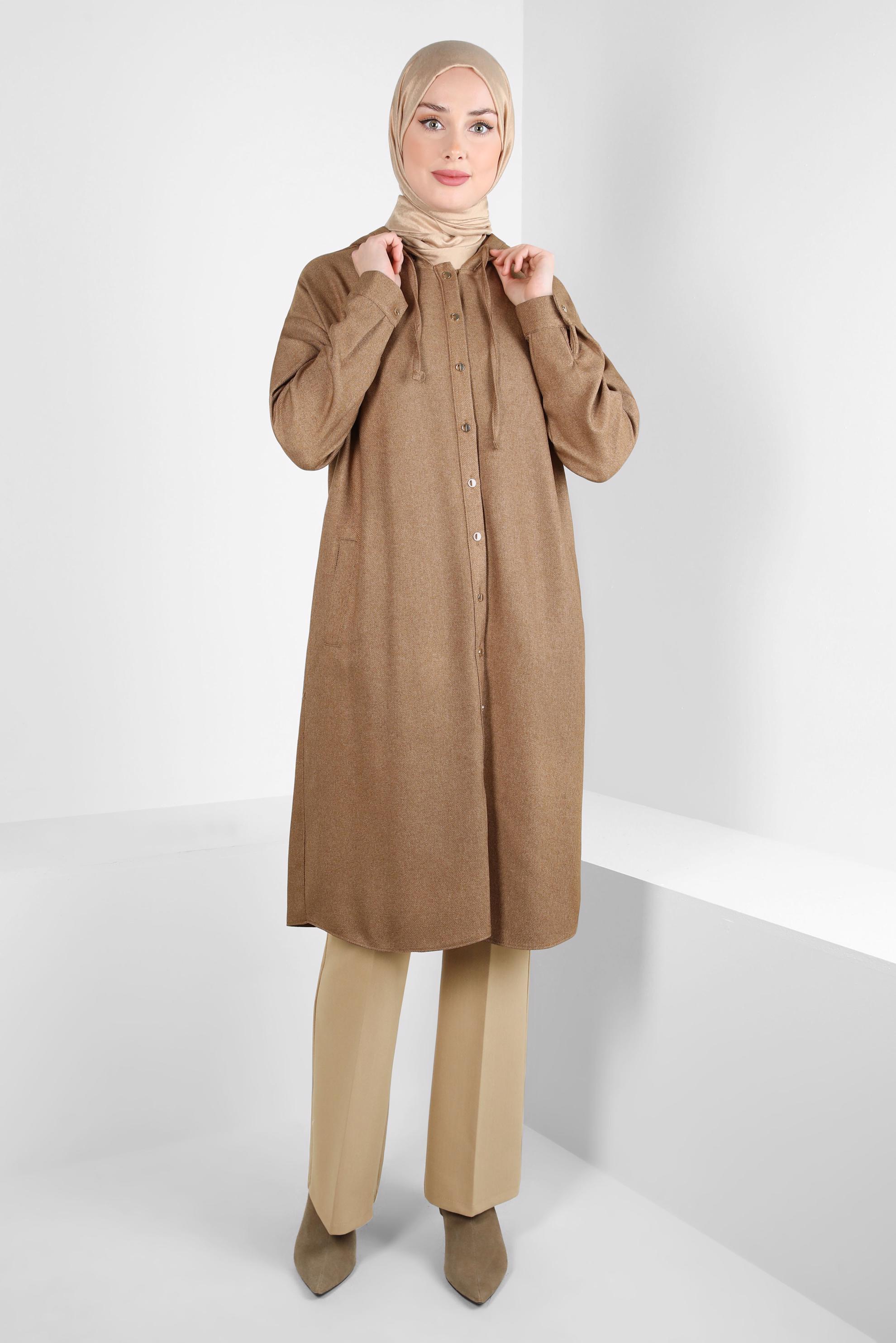 Tesettür giyim KAHVE KAPÜŞONLU TUNİK 44341