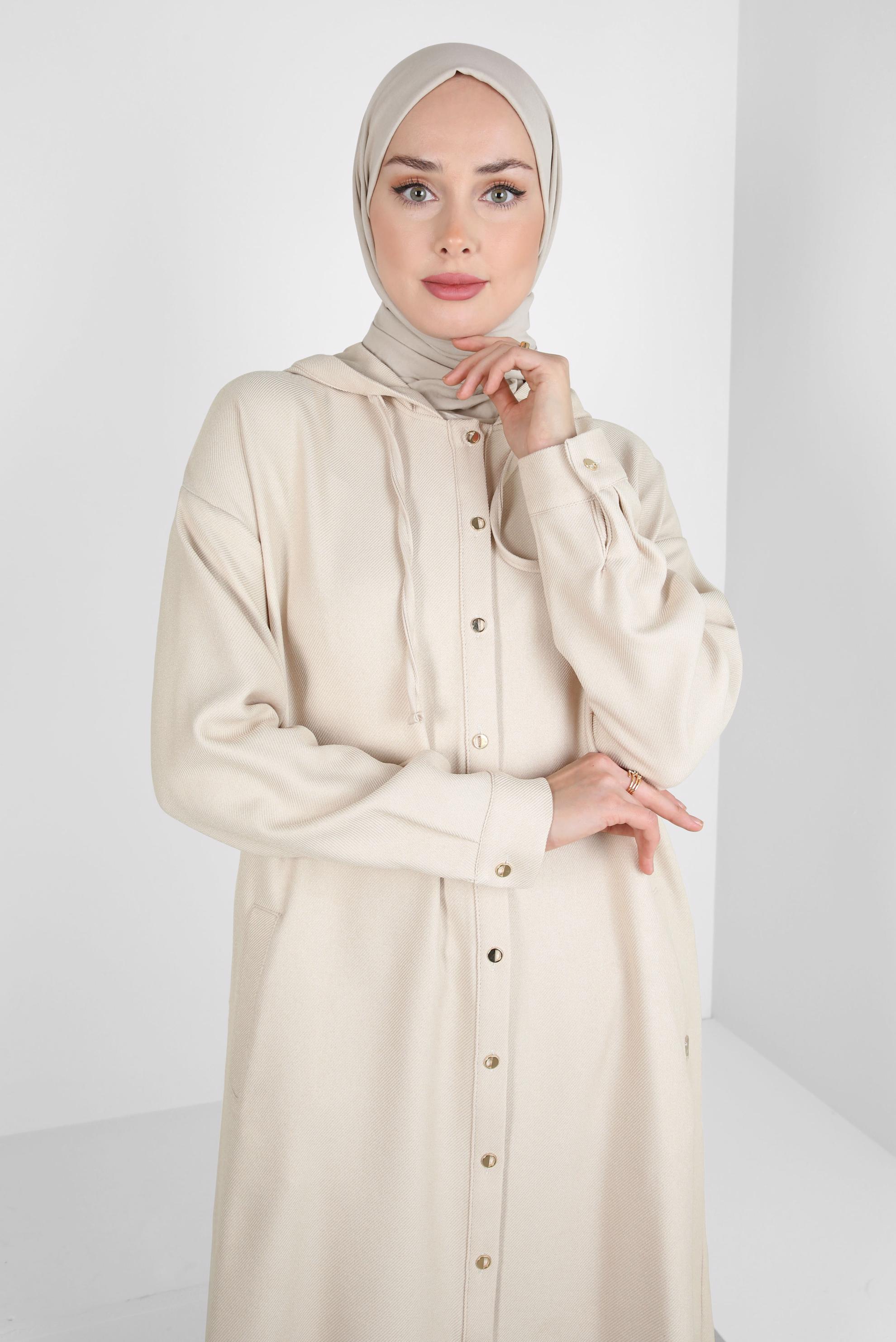 Tesettür giyim EKRU KAPÜŞONLU TUNİK 44341
