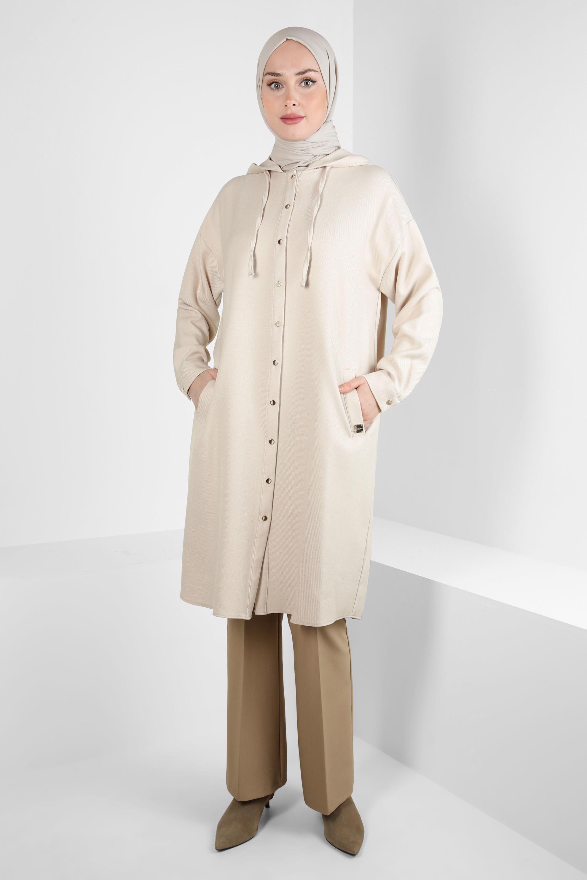Tesettür giyim EKRU KAPÜŞONLU TUNİK 44341