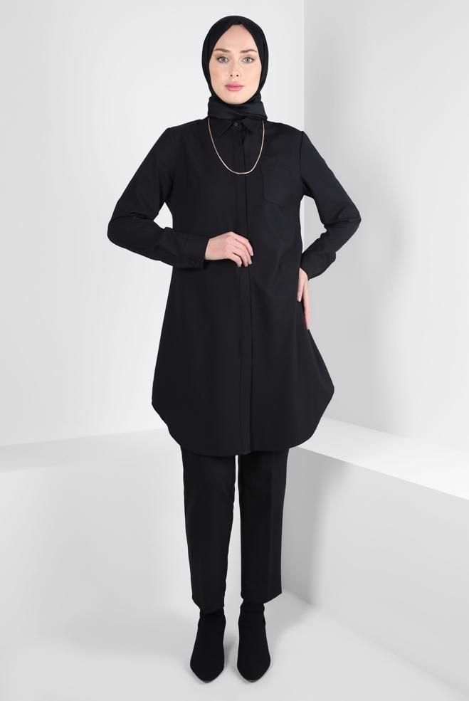 Hijab clothing BLACK TUNIC WITH SHIRT COLLAR 44344 - ALVİNA