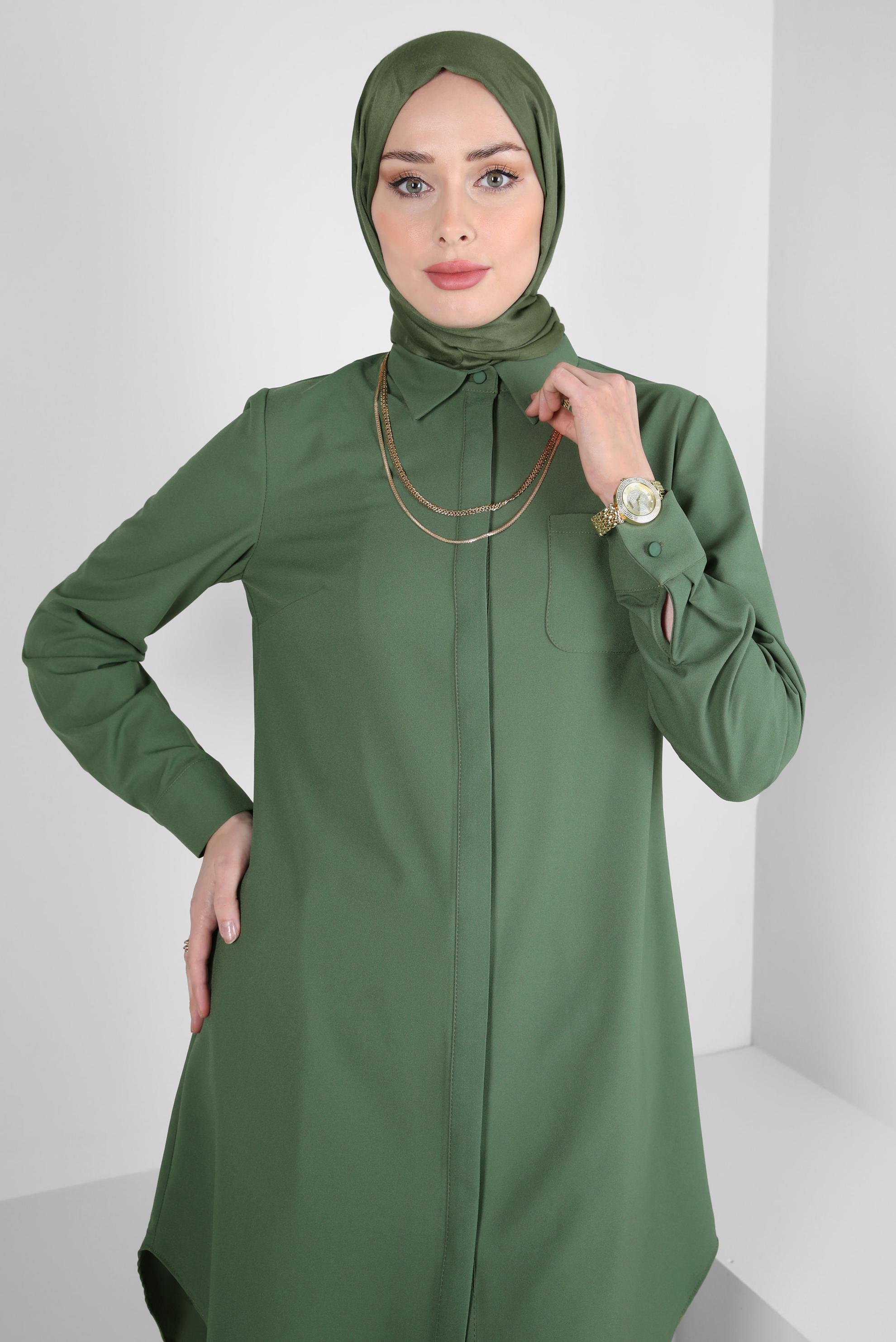 Tesettür giyim HAKİ GÖMLEK YAKA TUNİK 44344