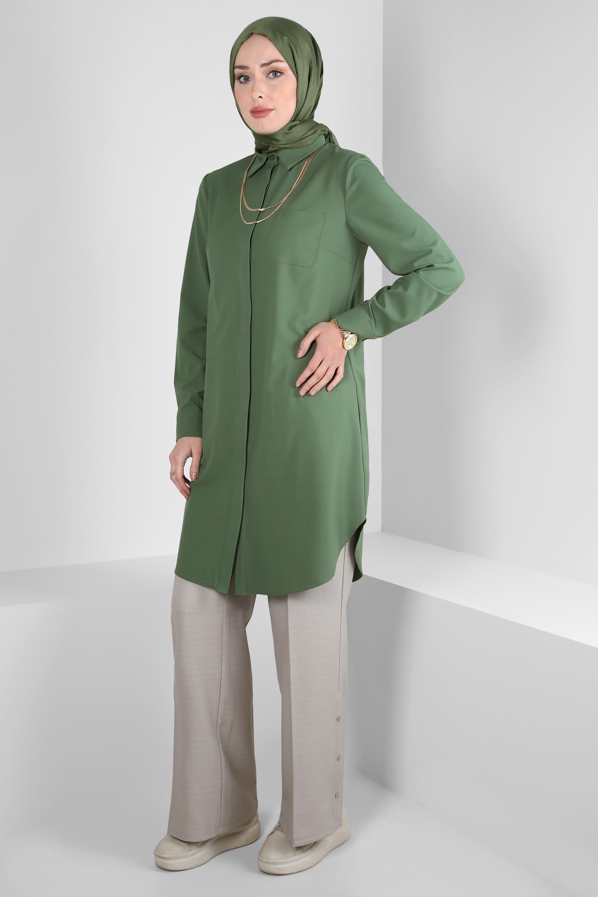 Tesettür giyim HAKİ GÖMLEK YAKA TUNİK 44344