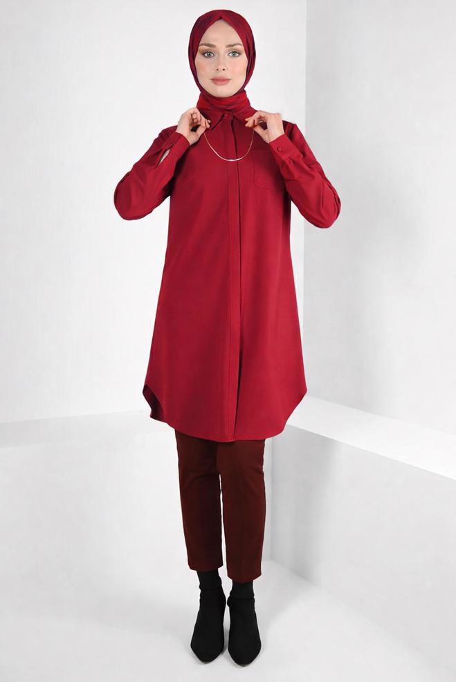 Tesettür giyim KIRMIZI GÖMLEK YAKA TUNİK 44344 - ALVİNA