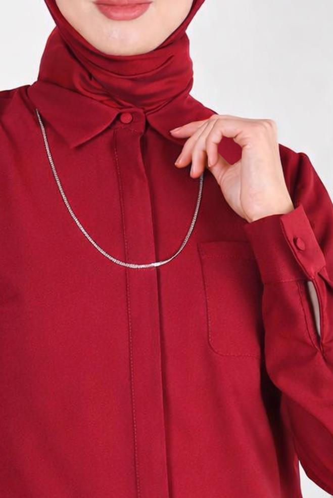 Tesettür giyim KIRMIZI GÖMLEK YAKA TUNİK 44344 - ALVİNA
