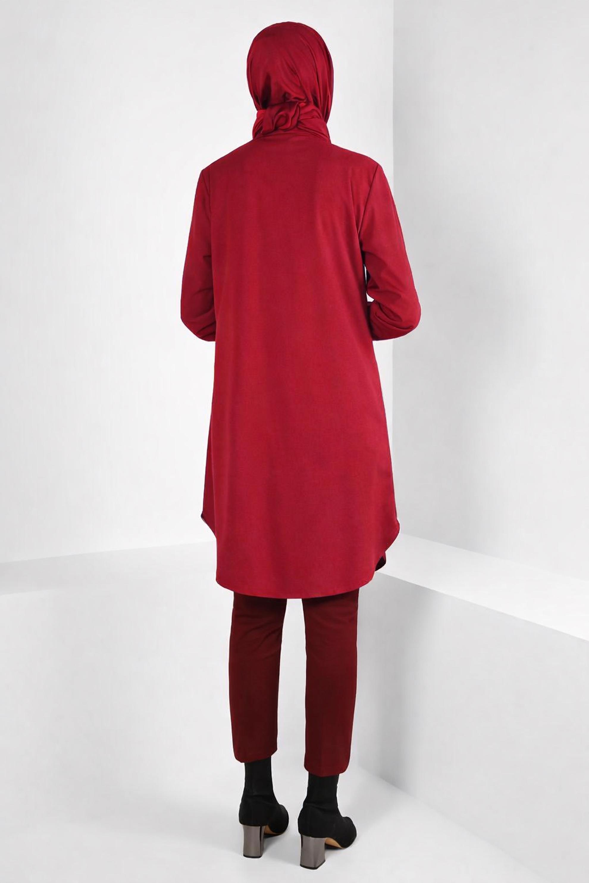 Tesettür giyim KIRMIZI GÖMLEK YAKA TUNİK 44344