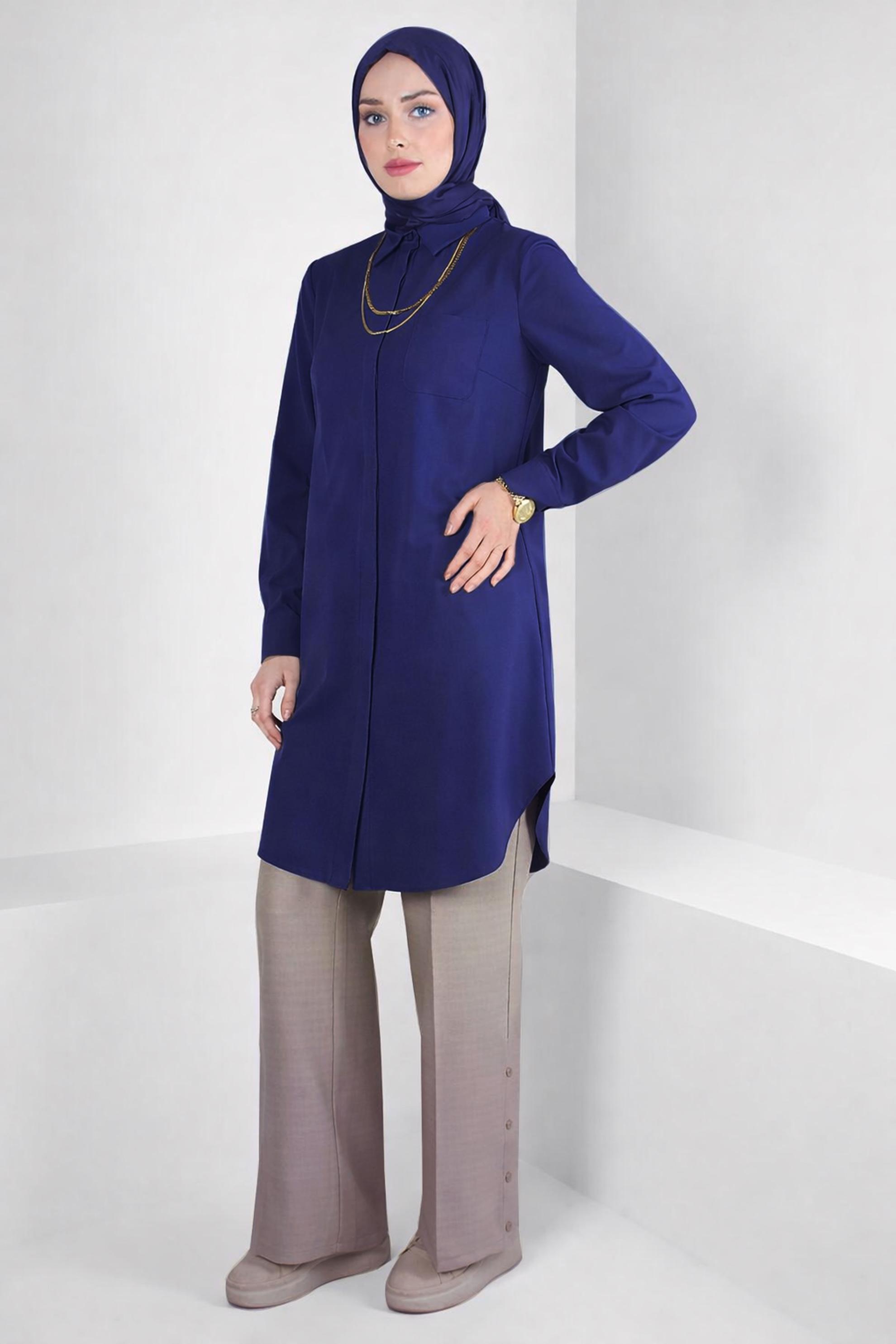 Tesettür giyim LACİVERT GÖMLEK YAKA TUNİK 44344