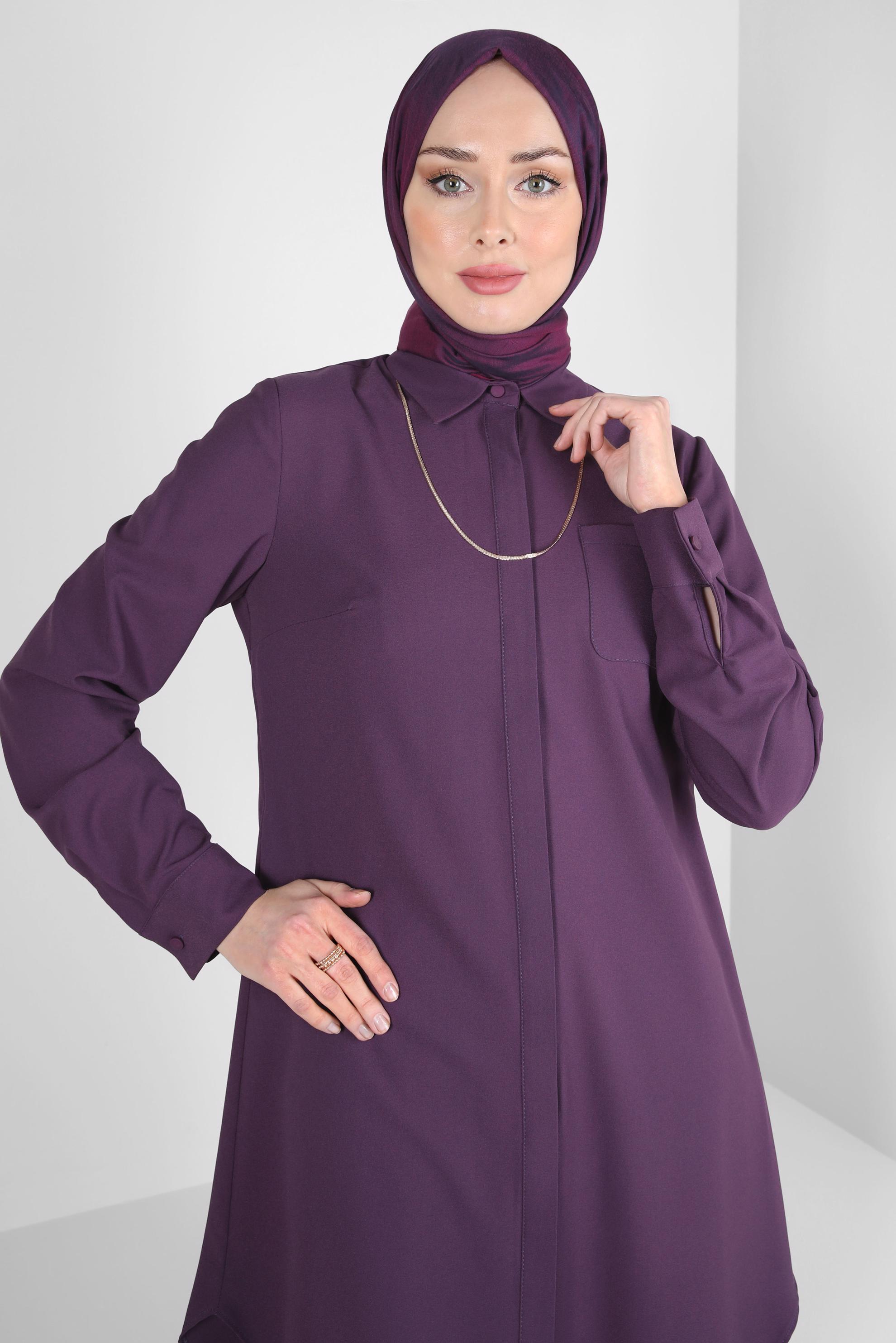 Tesettür giyim MOR GÖMLEK YAKA TUNİK 44344
