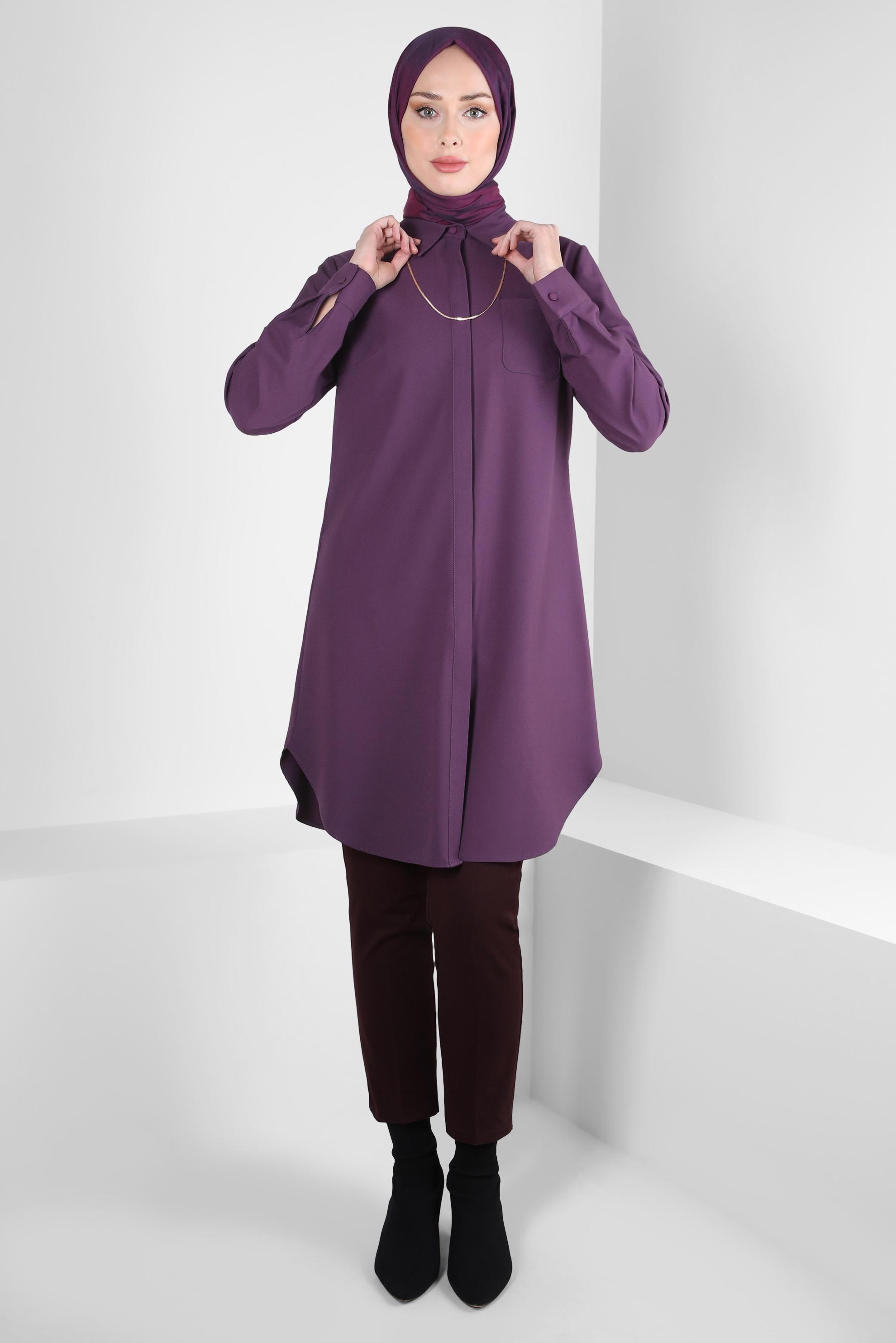 Tesettür giyim MOR GÖMLEK YAKA TUNİK 44344