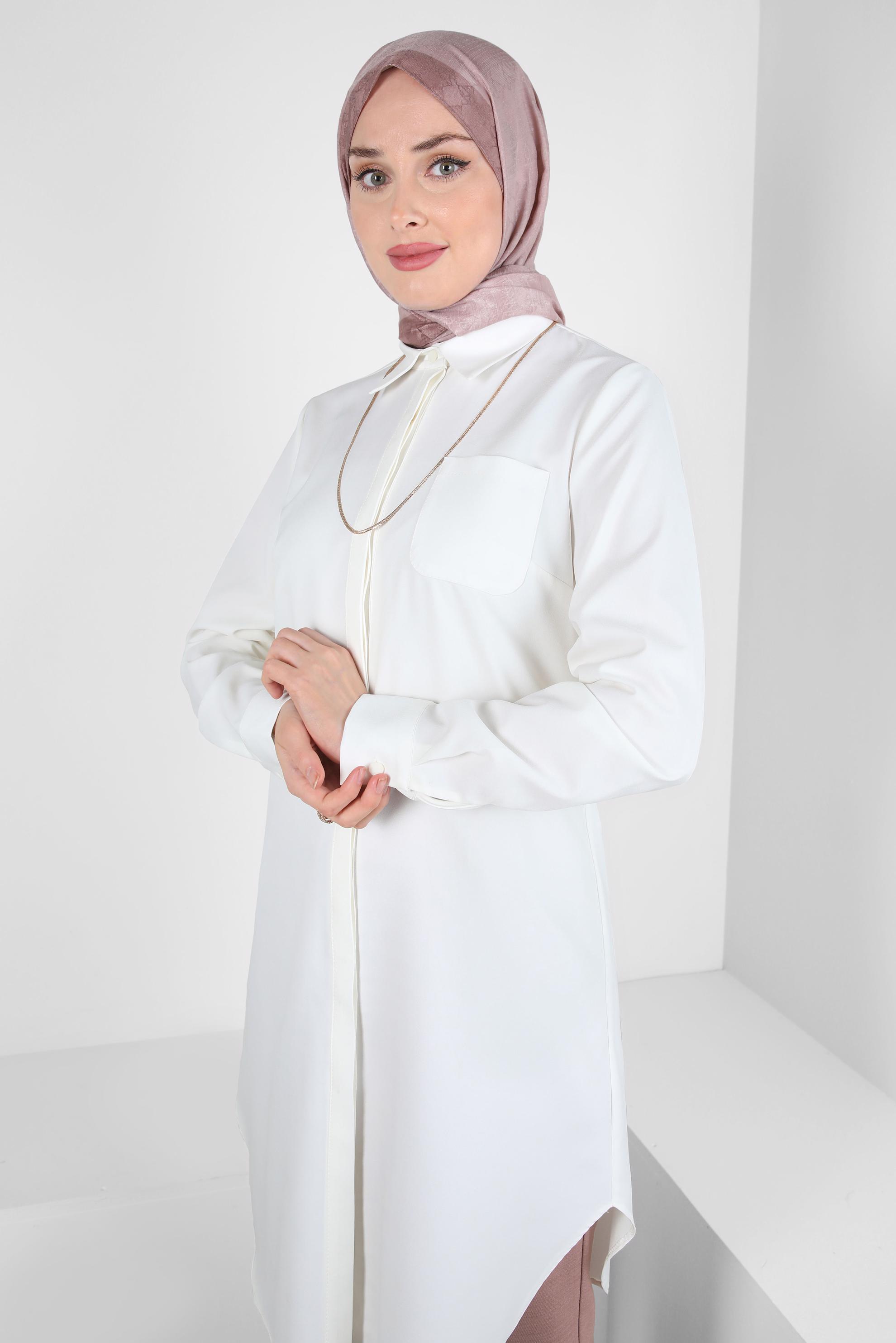 Tesettür giyim EKRU GÖMLEK YAKA TUNİK 44344