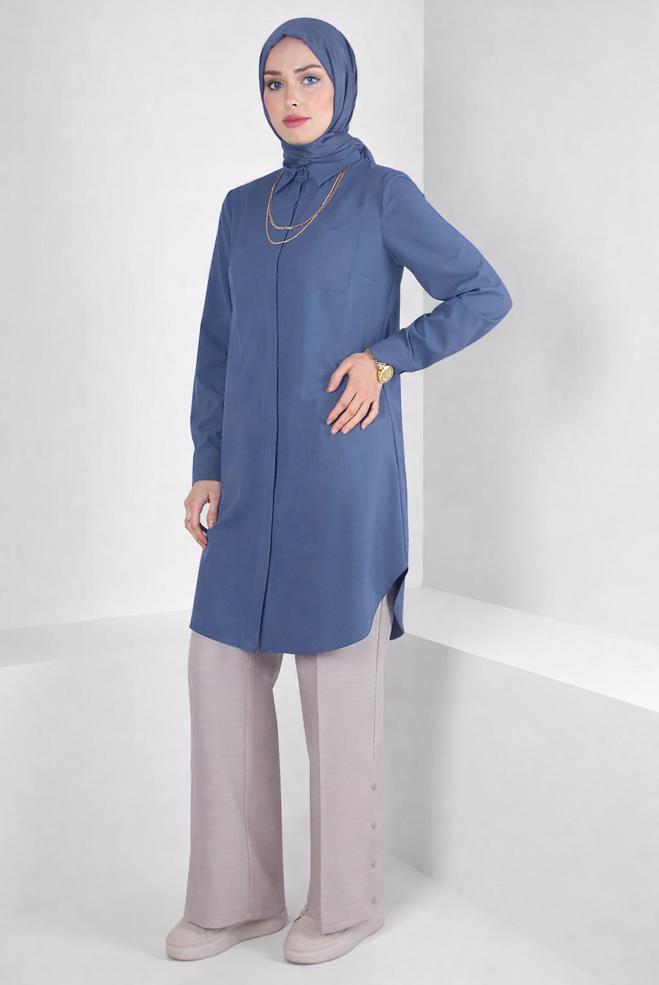 Tesettür giyim MAVİ GÖMLEK YAKA TUNİK 44344 - ALVİNA