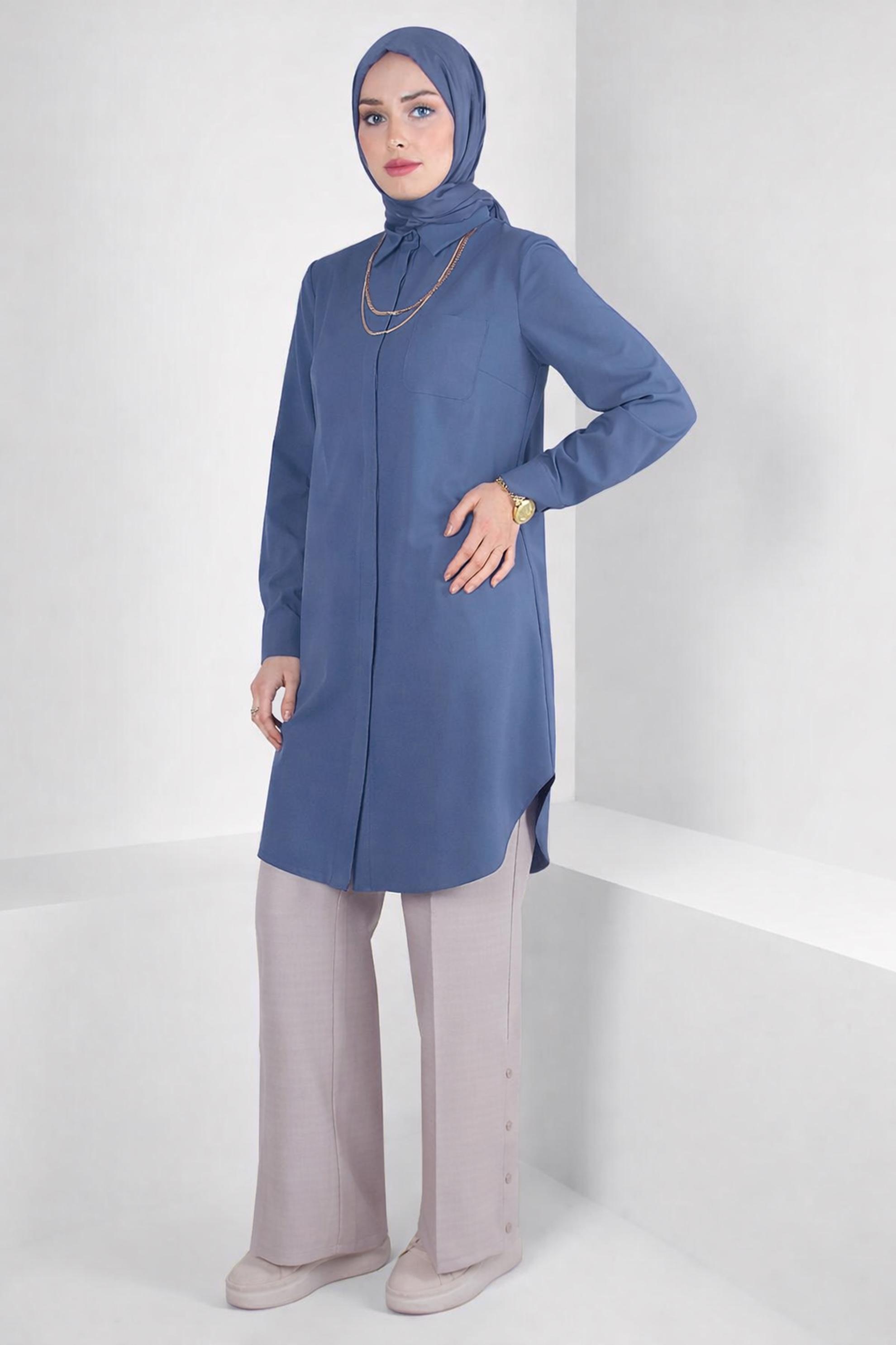 Tesettür giyim MAVİ GÖMLEK YAKA TUNİK 44344