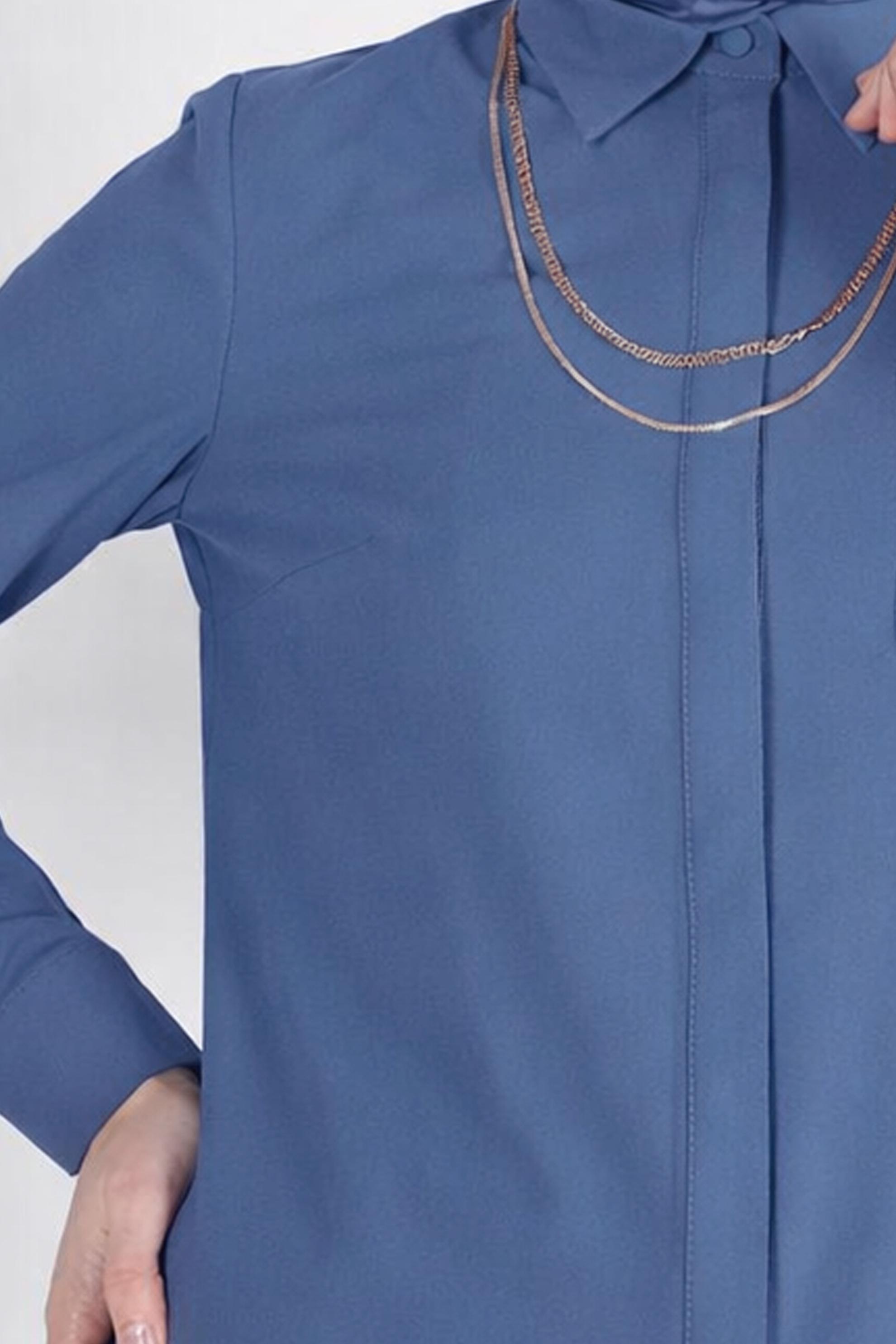 Tesettür giyim MAVİ GÖMLEK YAKA TUNİK 44344