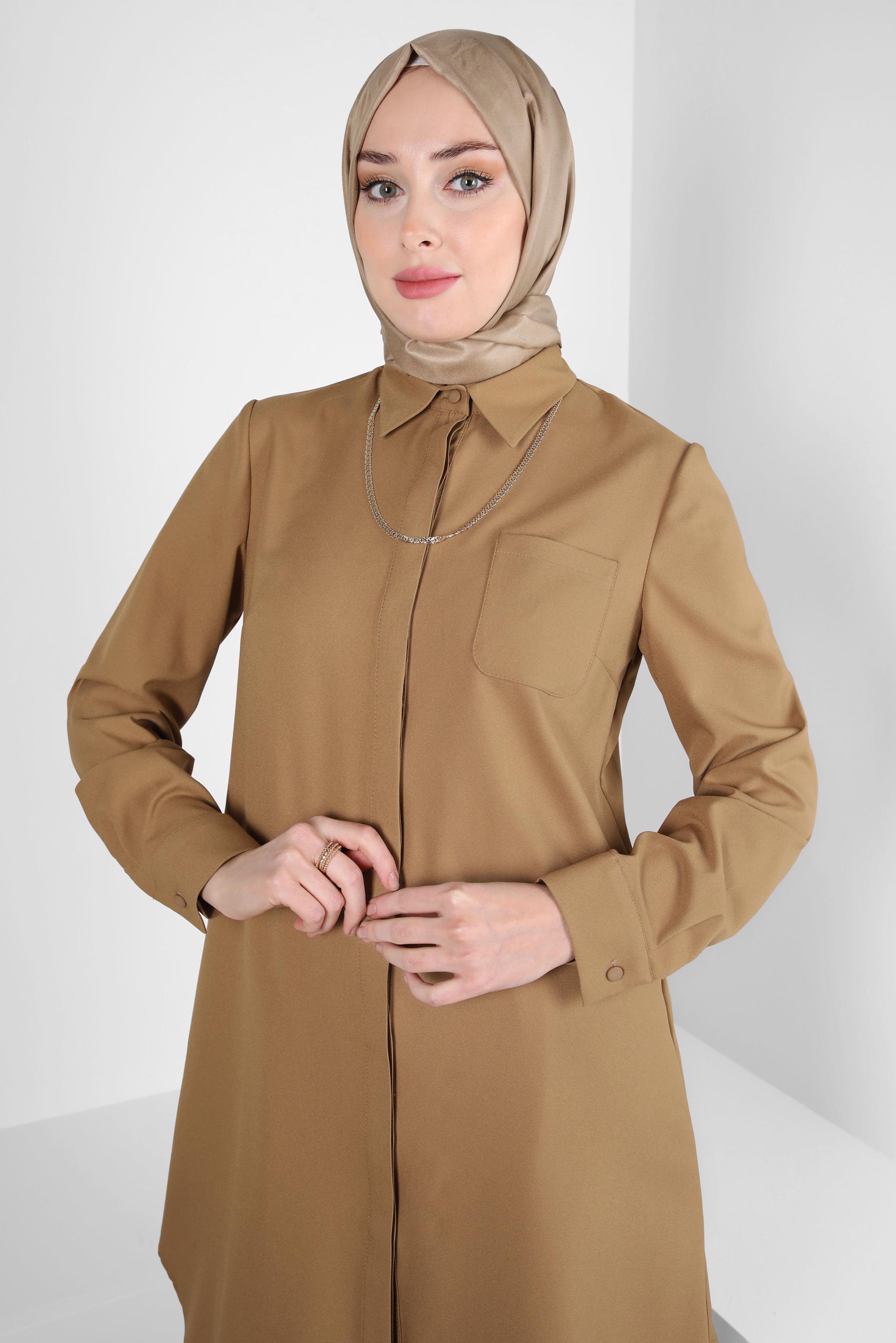 Tesettür giyim KAHVE GÖMLEK YAKA TUNİK 44344