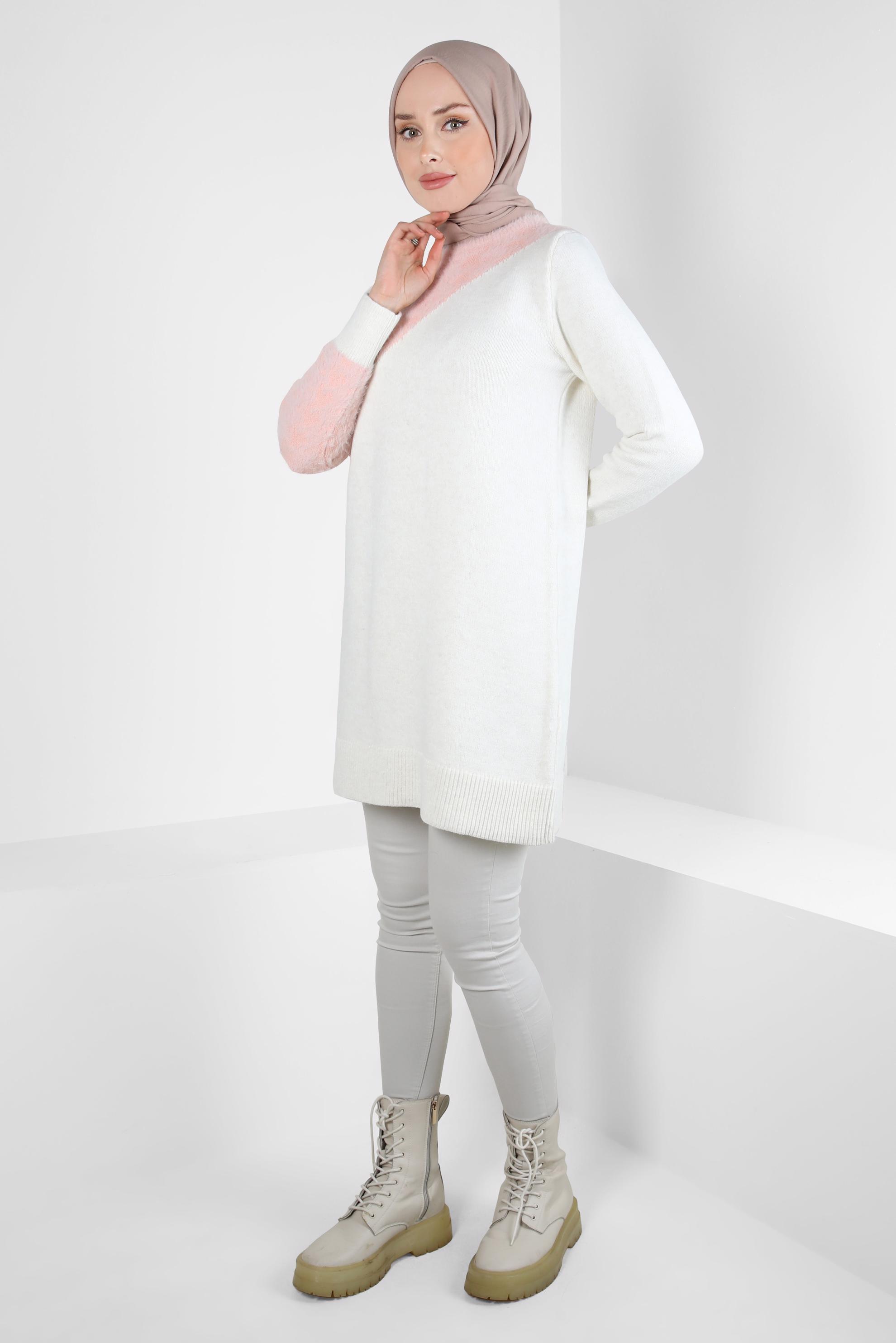 Tesettür giyim PUDRA İKİ RENKLİ TRİKO TUNİK 44349