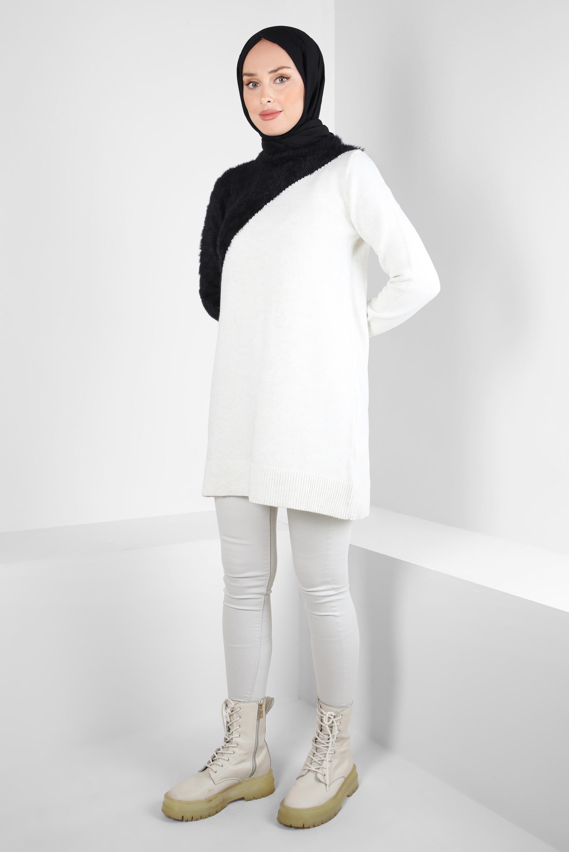 Tesettür giyim BEJ İKİ RENKLİ TRİKO TUNİK 44349