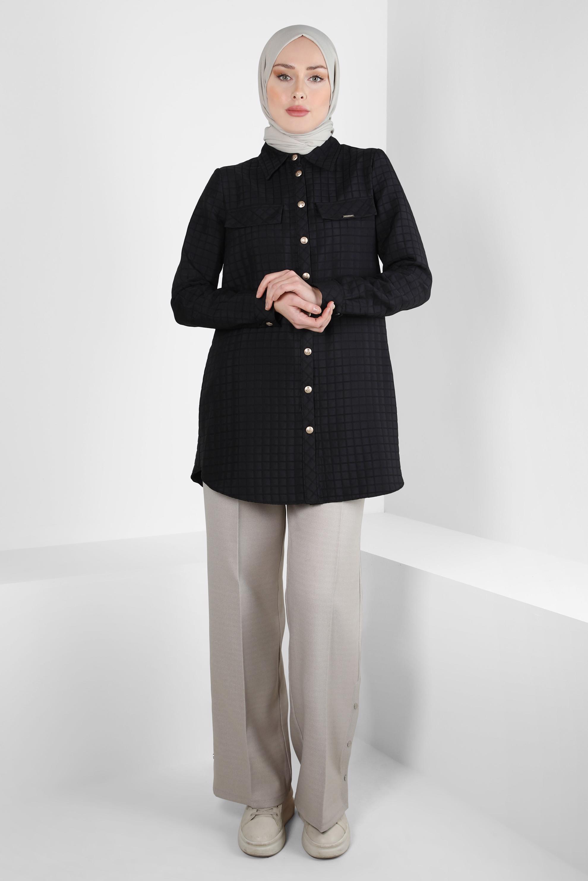 Tesettür giyim SİYAH KARE DESENLİ TUNİK 44353