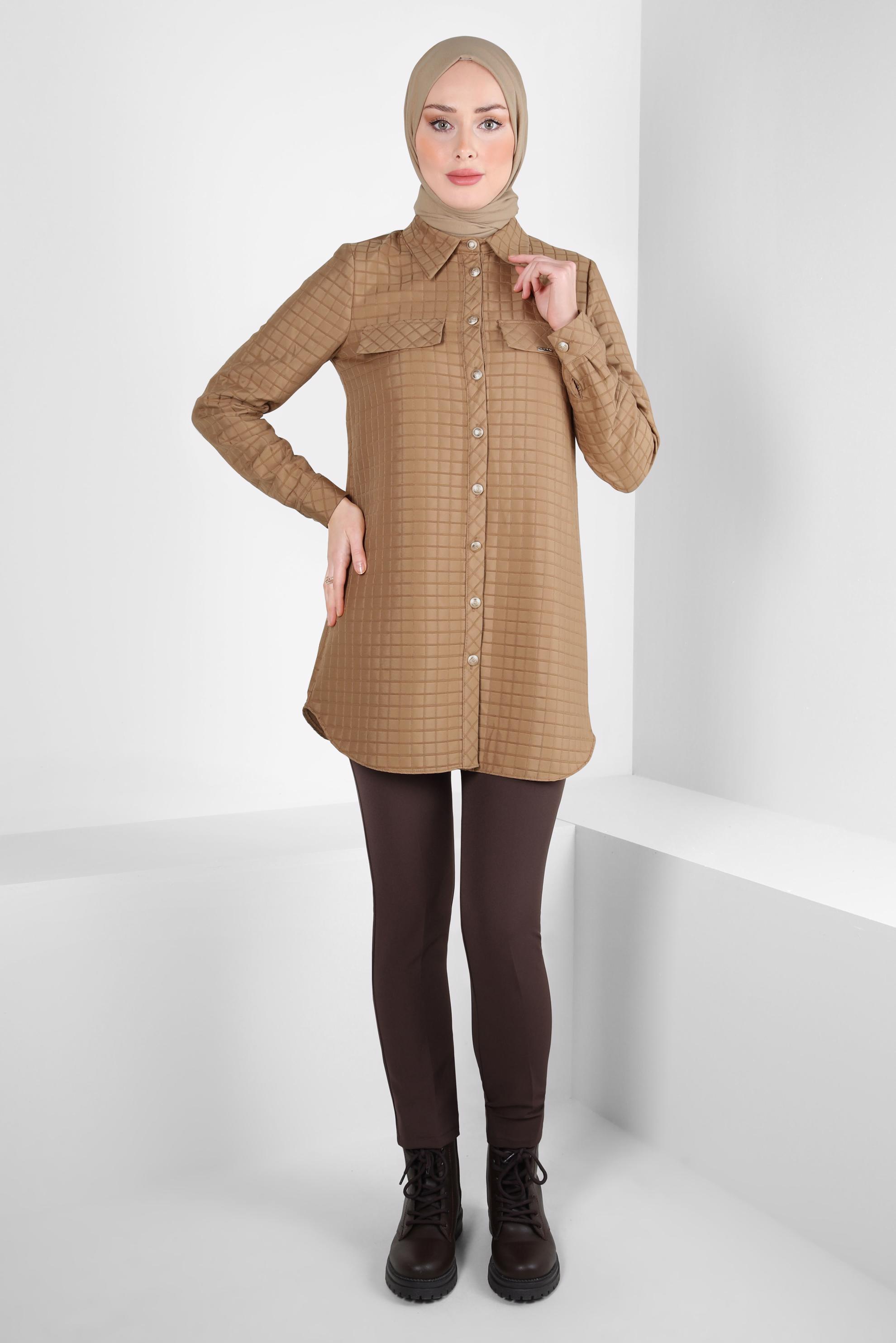 Tesettür giyim KAHVE KARE DESENLİ TUNİK 44353