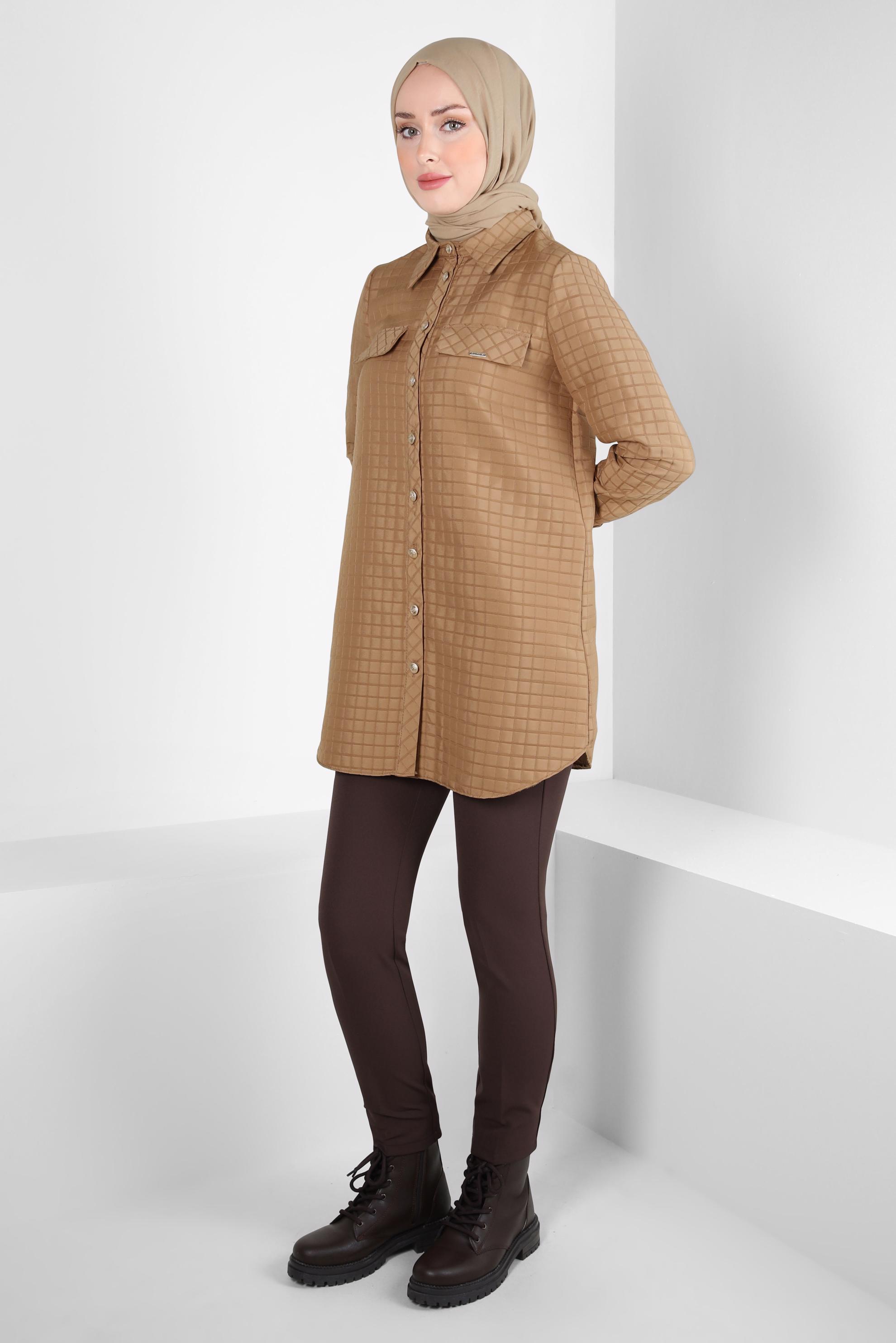 Tesettür giyim KAHVE KARE DESENLİ TUNİK 44353