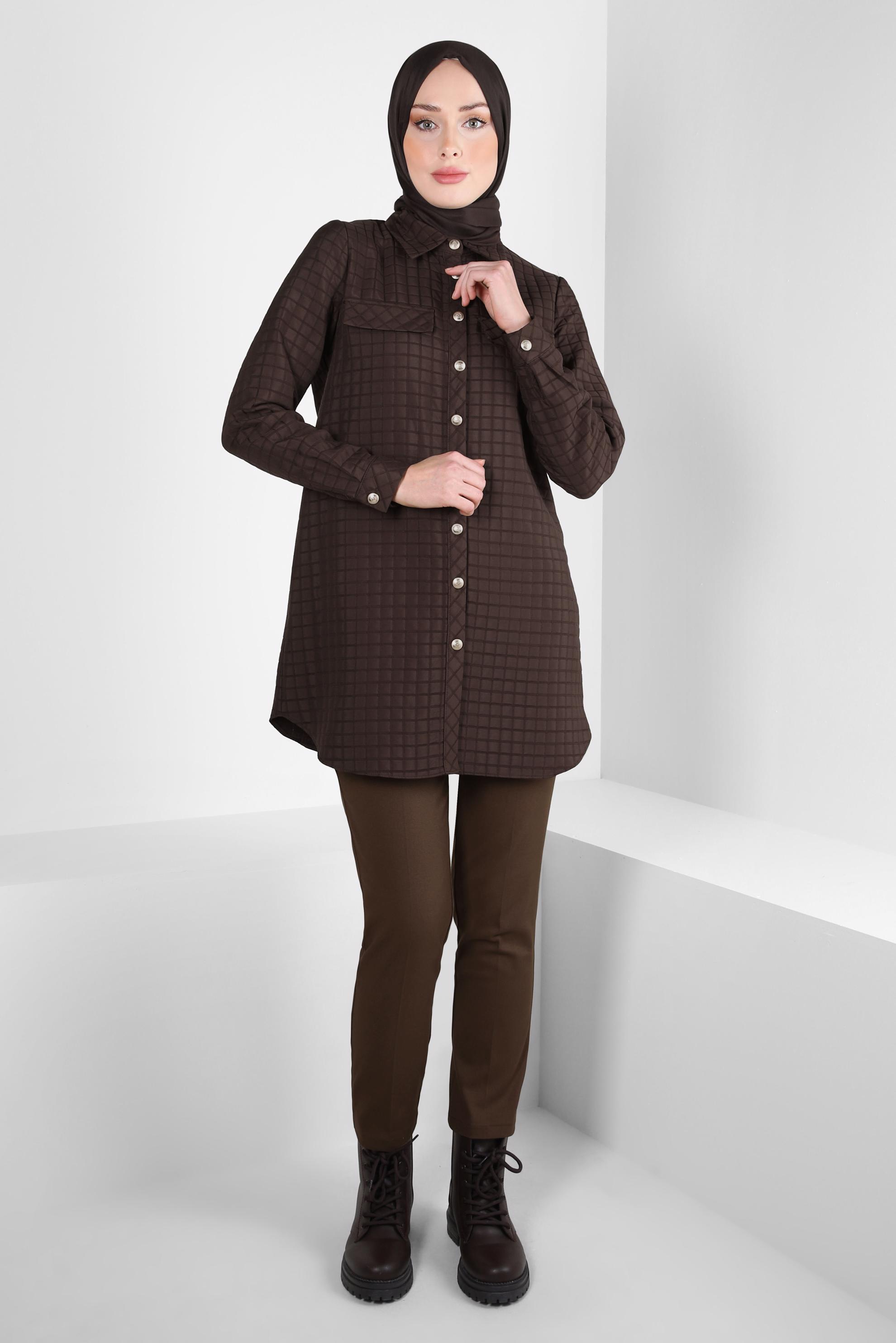 Tesettür giyim KAHVE KARE DESENLİ TUNİK 44353