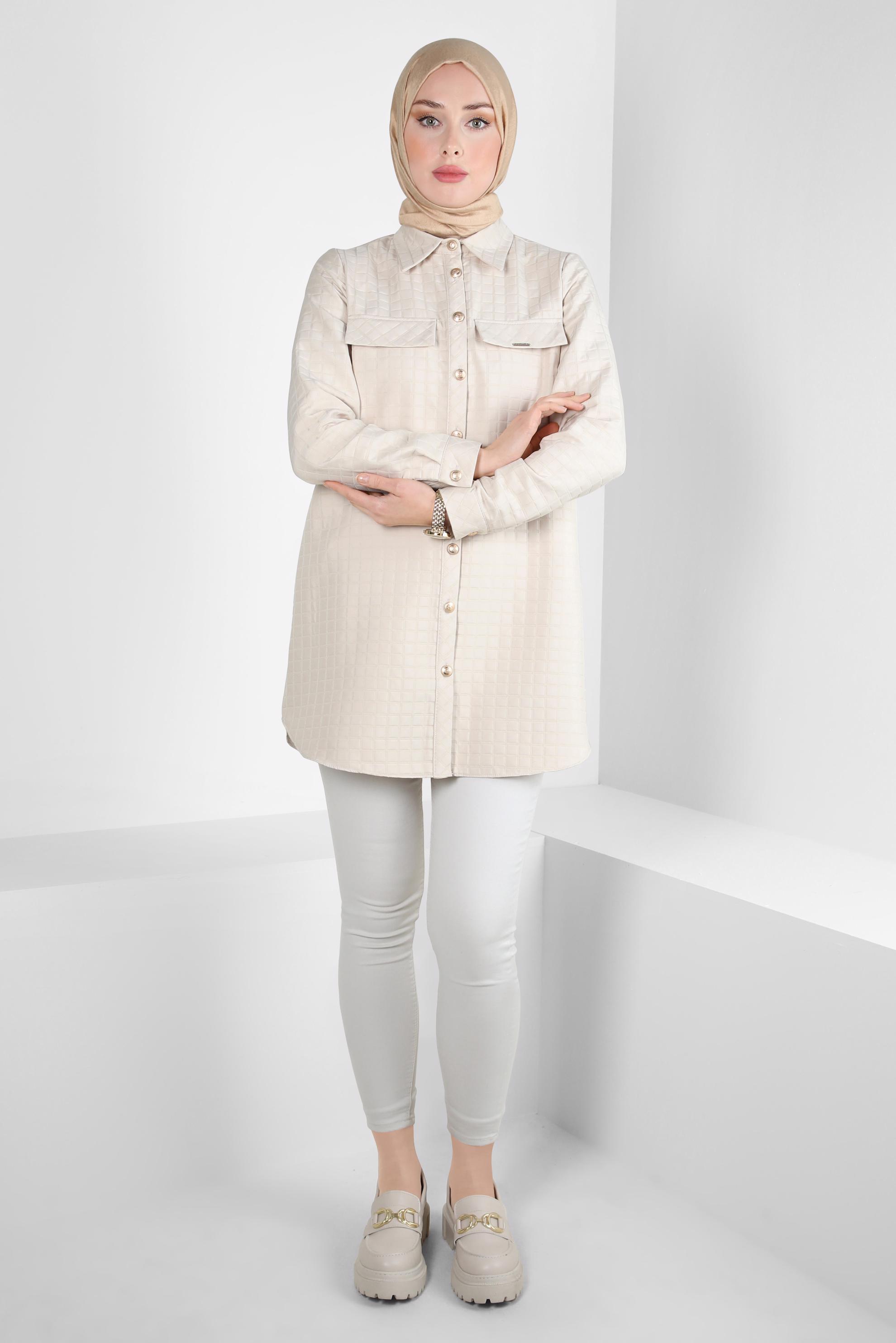 Tesettür giyim BEJ KARE DESENLİ TUNİK 44353