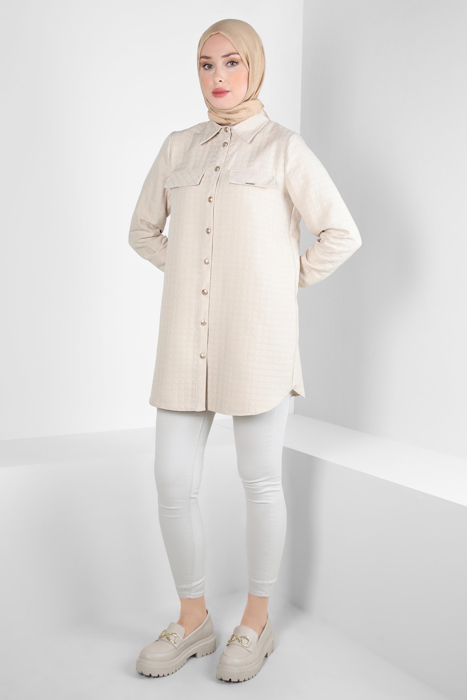 Tesettür giyim BEJ KARE DESENLİ TUNİK 44353