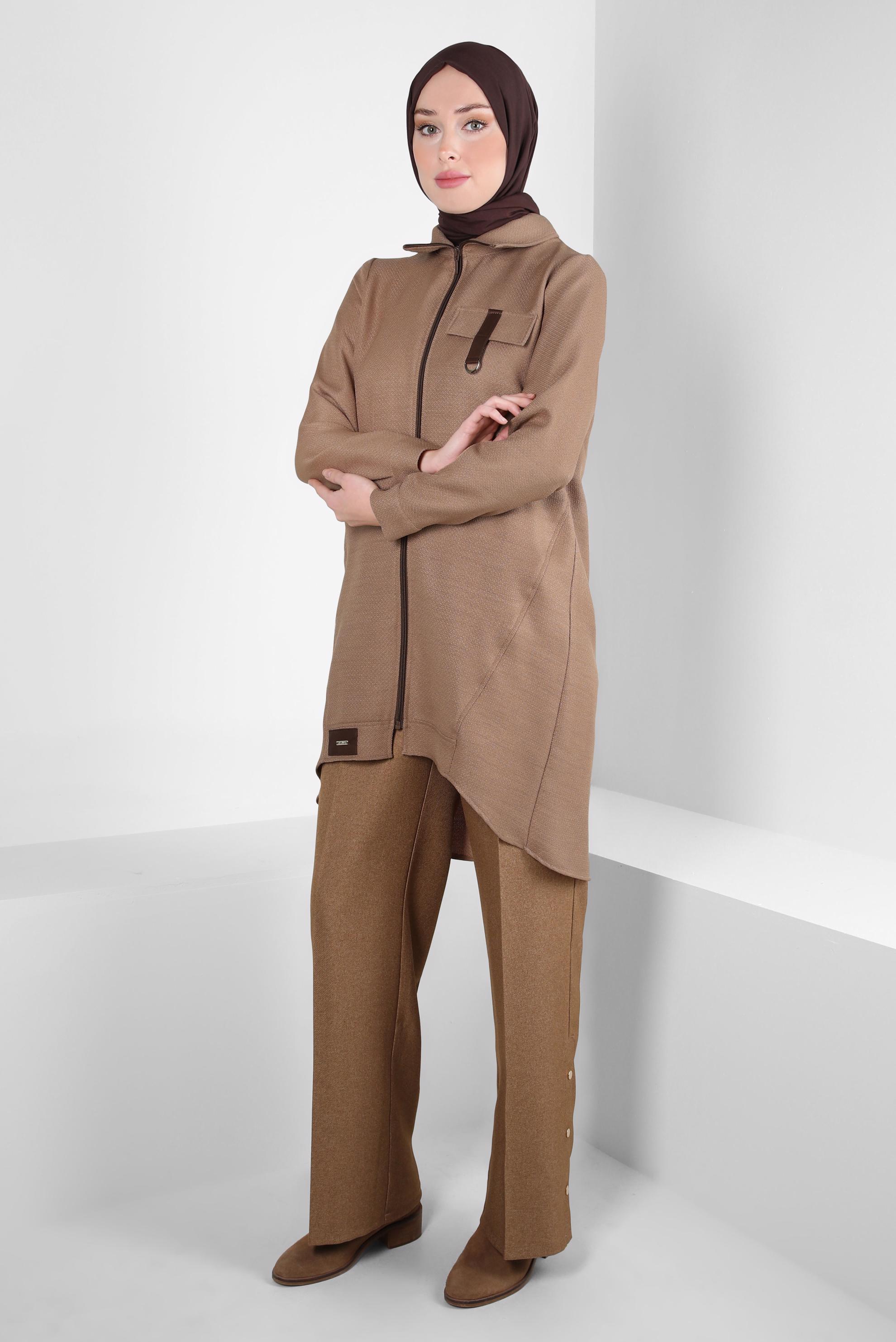 Tesettür giyim KAHVE FERMUARLI TUNİK 44355