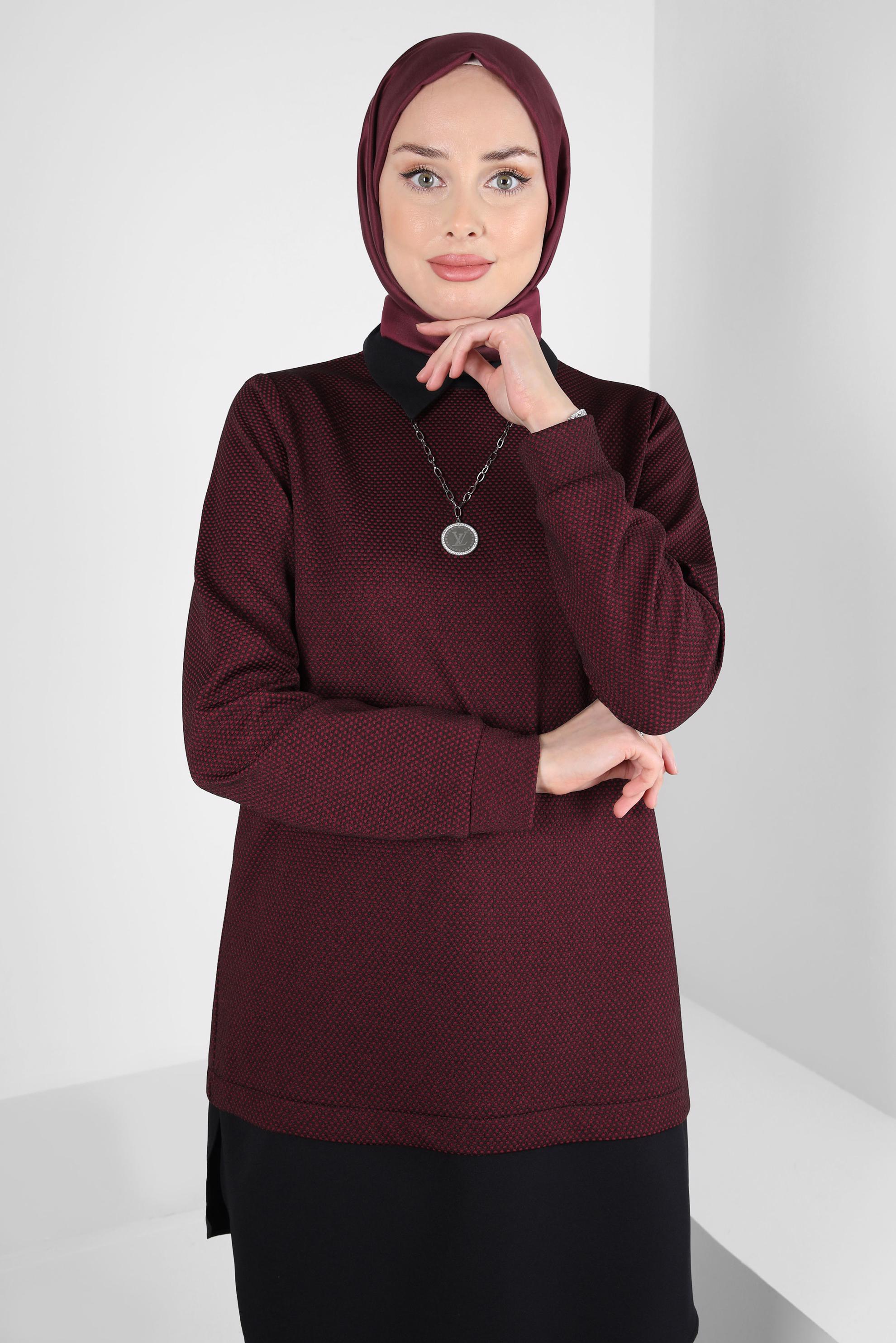 Tesettür giyim BORDO GÖMLEK GARNİLİ TUNİK 44357