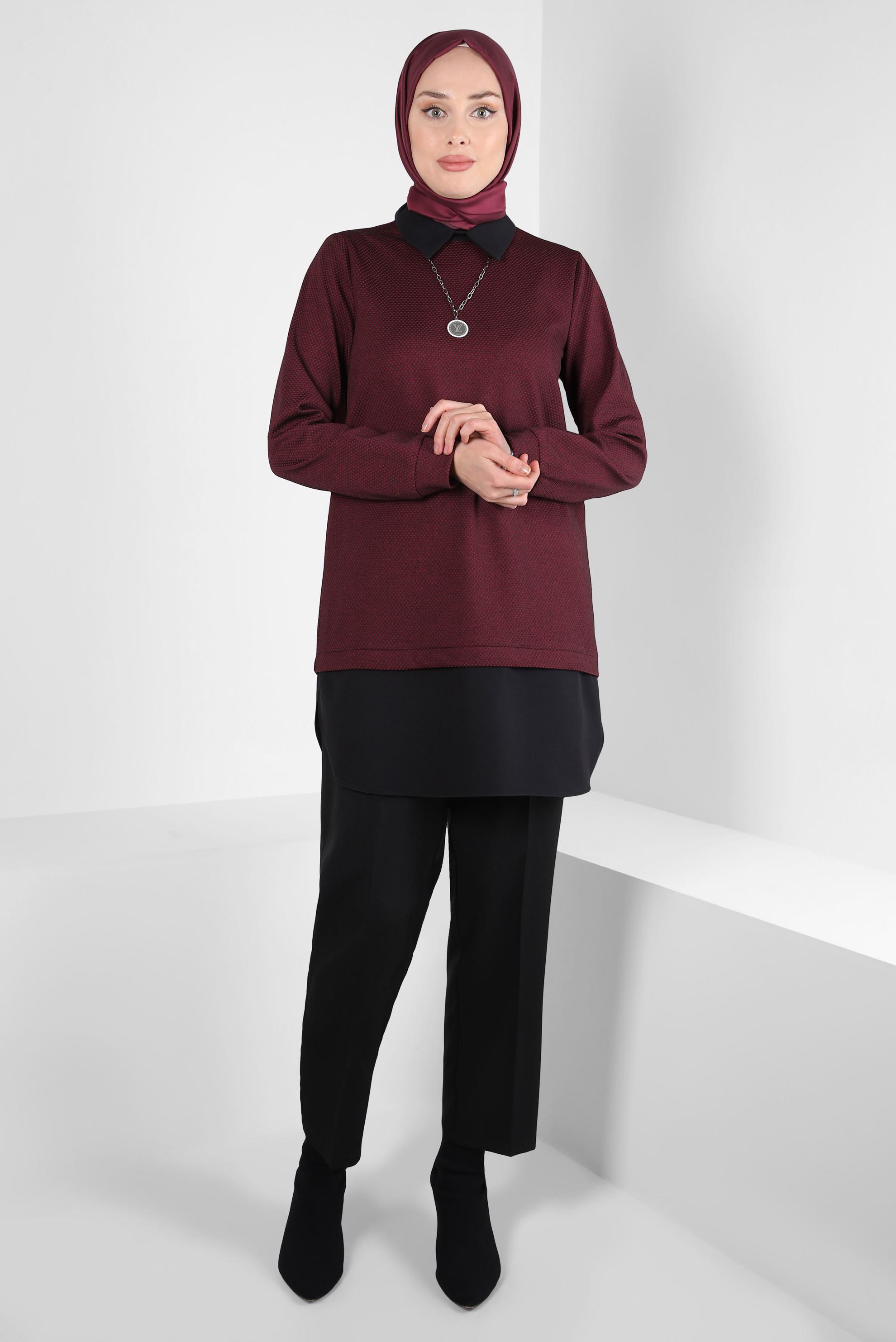 Tesettür giyim BORDO GÖMLEK GARNİLİ TUNİK 44357