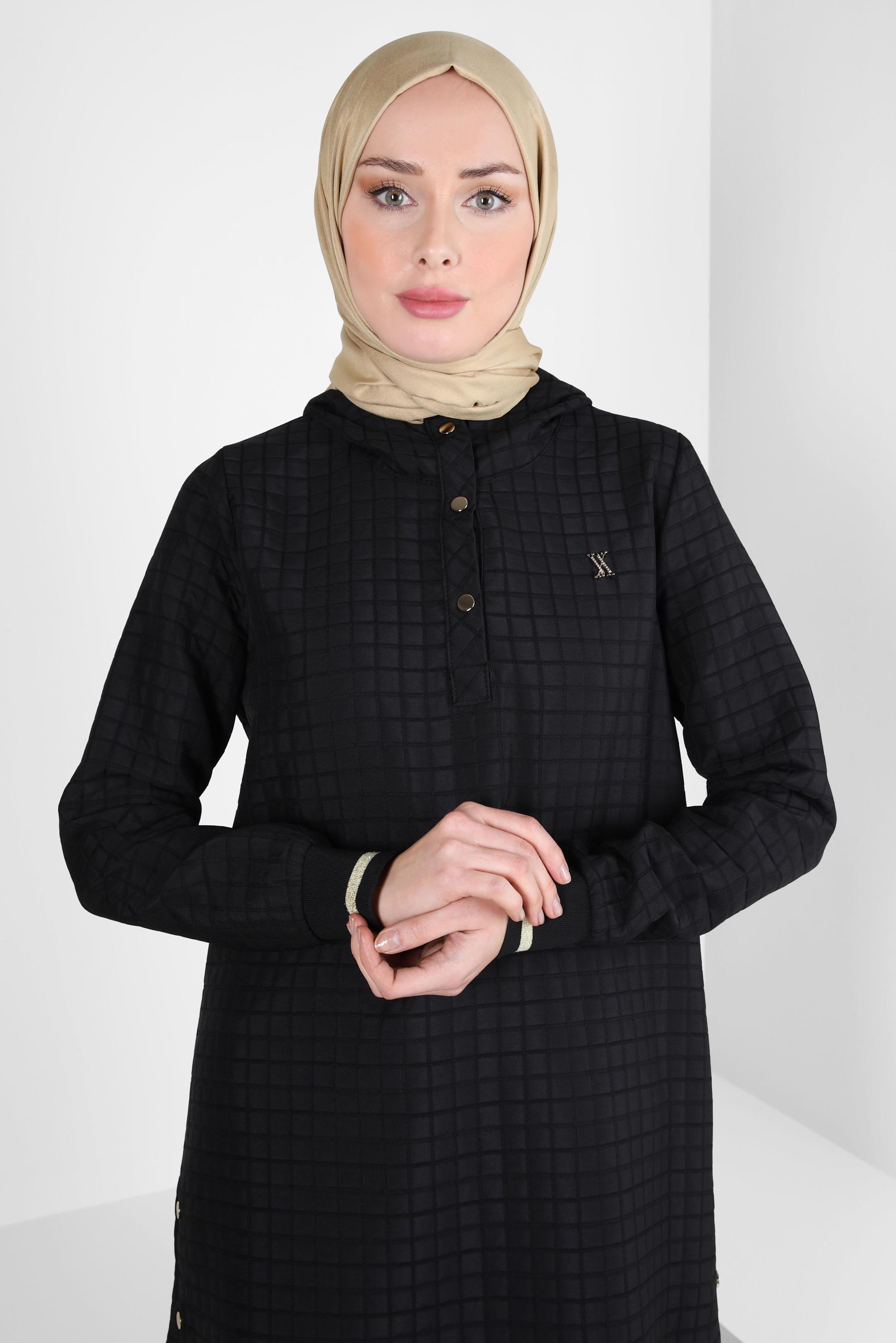 Tesettür giyim SİYAH KAPÜŞONLU TUNİK 44358