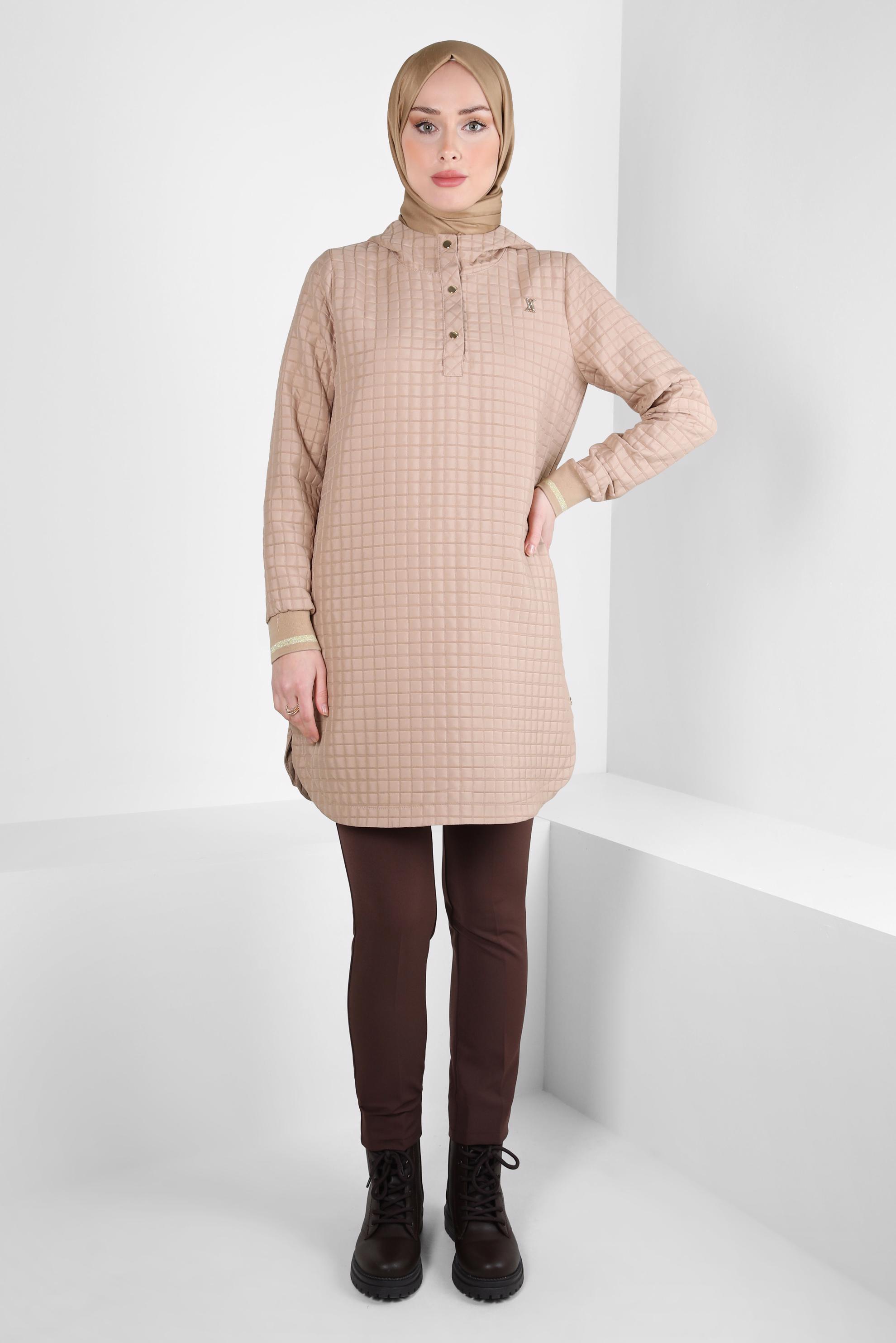 Tesettür giyim BEJ KAPÜŞONLU TUNİK 44358