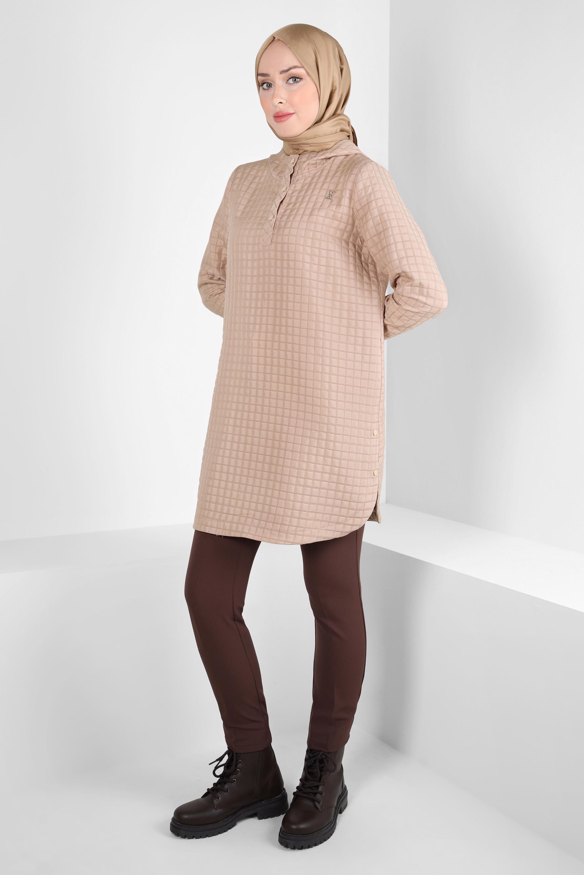 Tesettür giyim BEJ KAPÜŞONLU TUNİK 44358