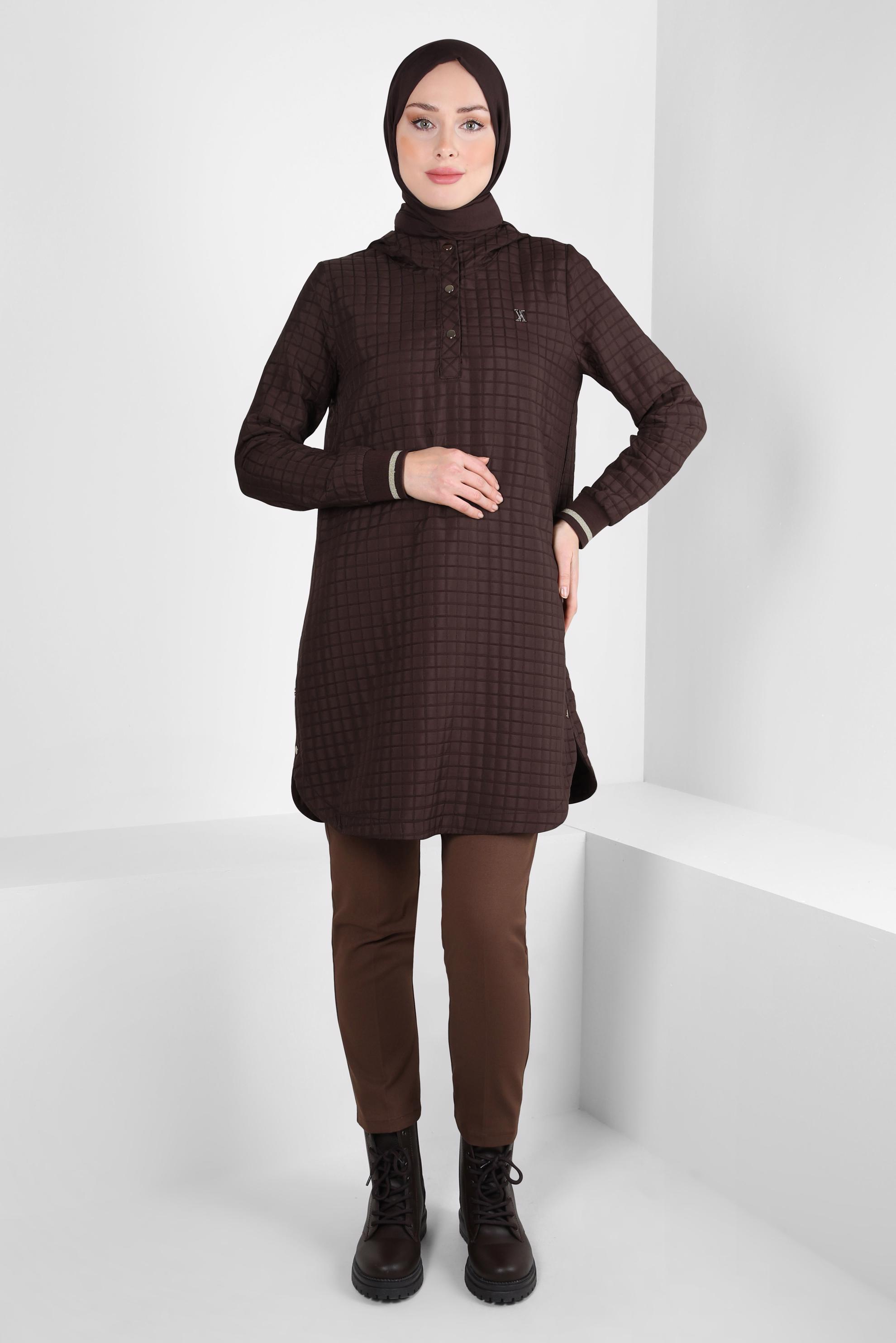 Tesettür giyim KAHVE KAPÜŞONLU TUNİK 44358