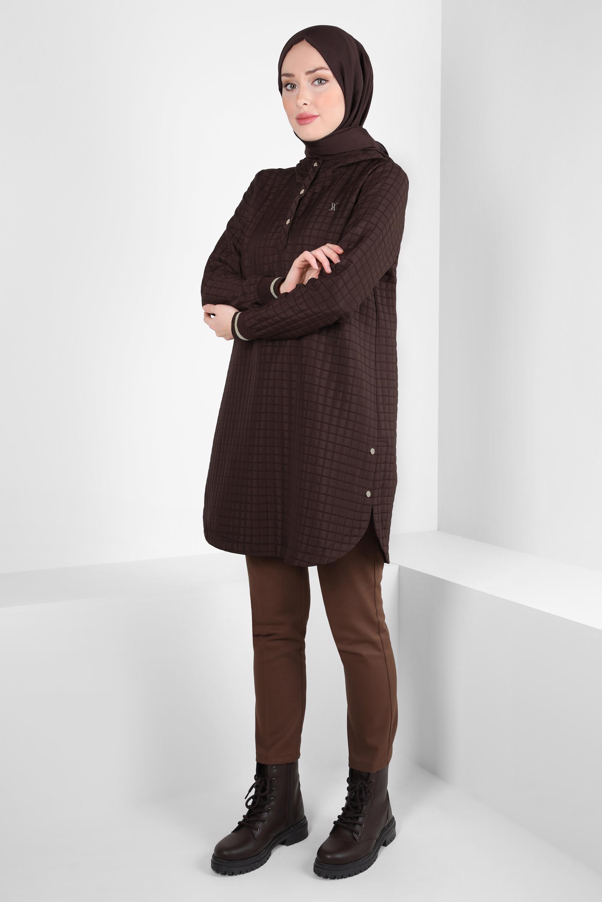 Tesettür giyim KAHVE KAPÜŞONLU TUNİK 44358