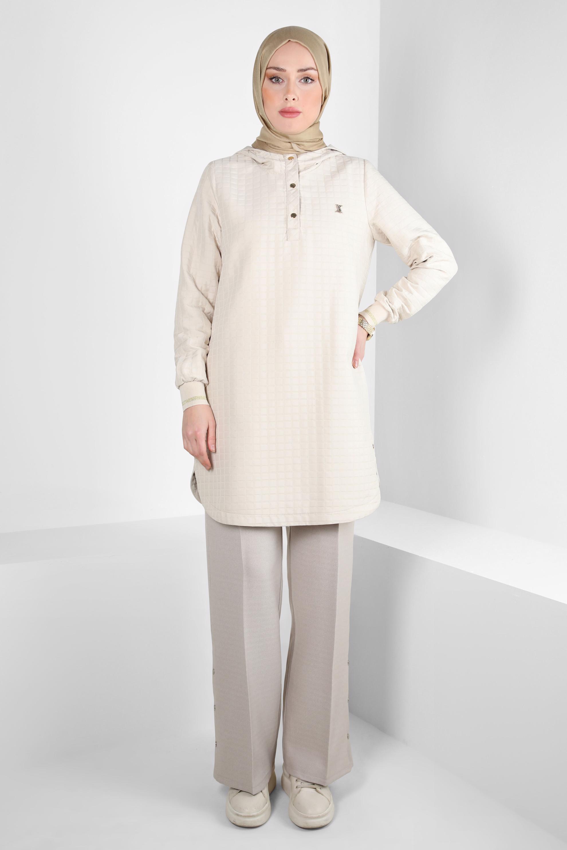 Tesettür giyim BEJ KAPÜŞONLU TUNİK 44358