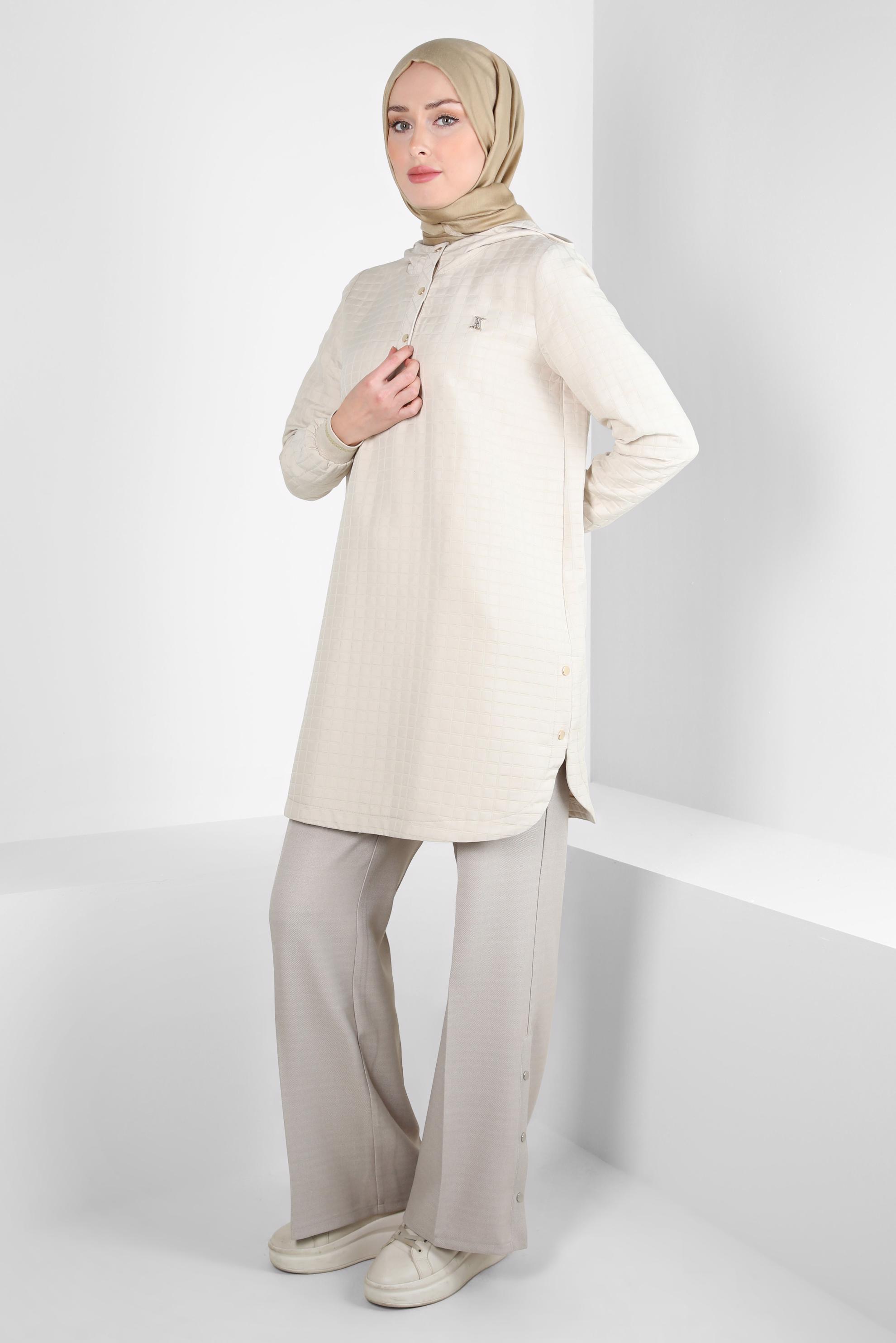 Tesettür giyim BEJ KAPÜŞONLU TUNİK 44358