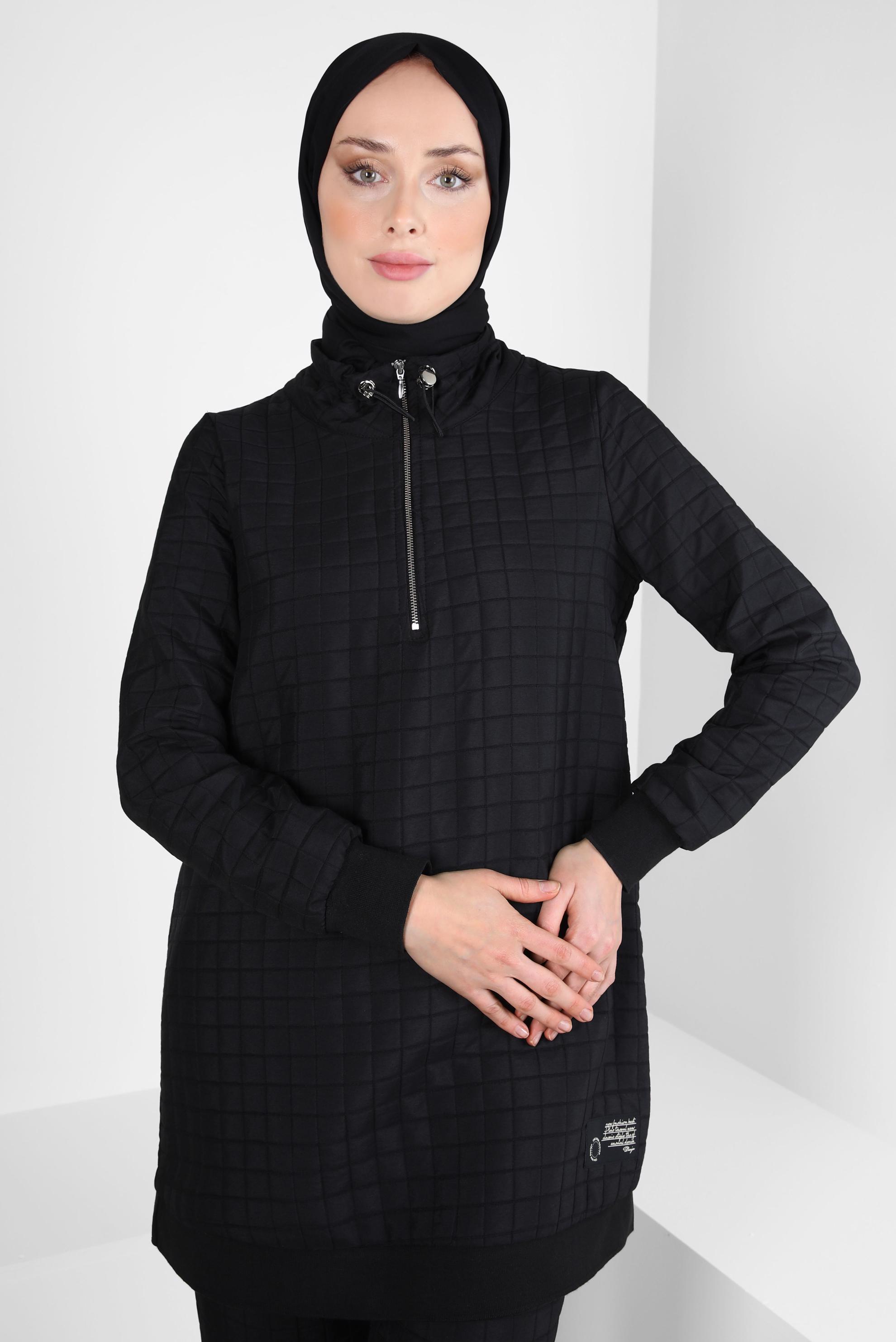 Tesettür giyim SİYAH KAPİTONE DESENLİ PANTOLONLU TAKIM 44361