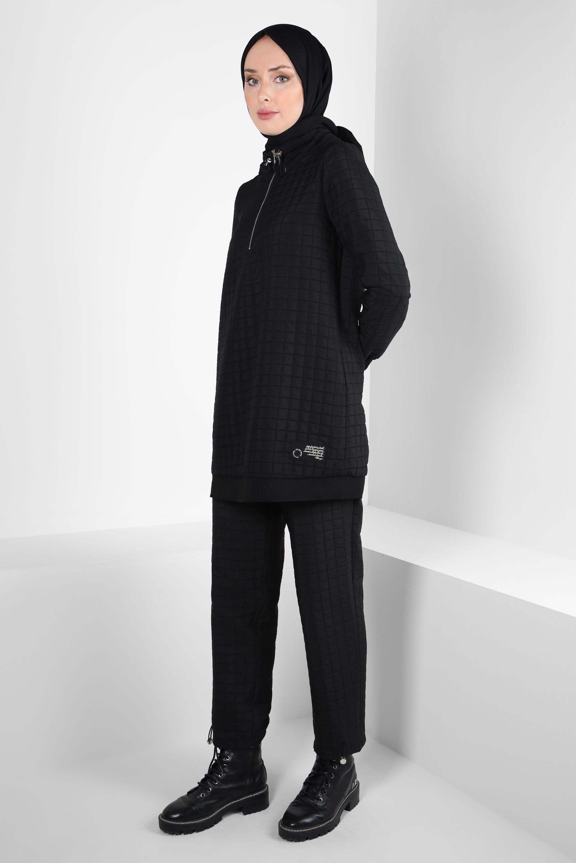 Tesettür giyim SİYAH KAPİTONE DESENLİ PANTOLONLU TAKIM 44361