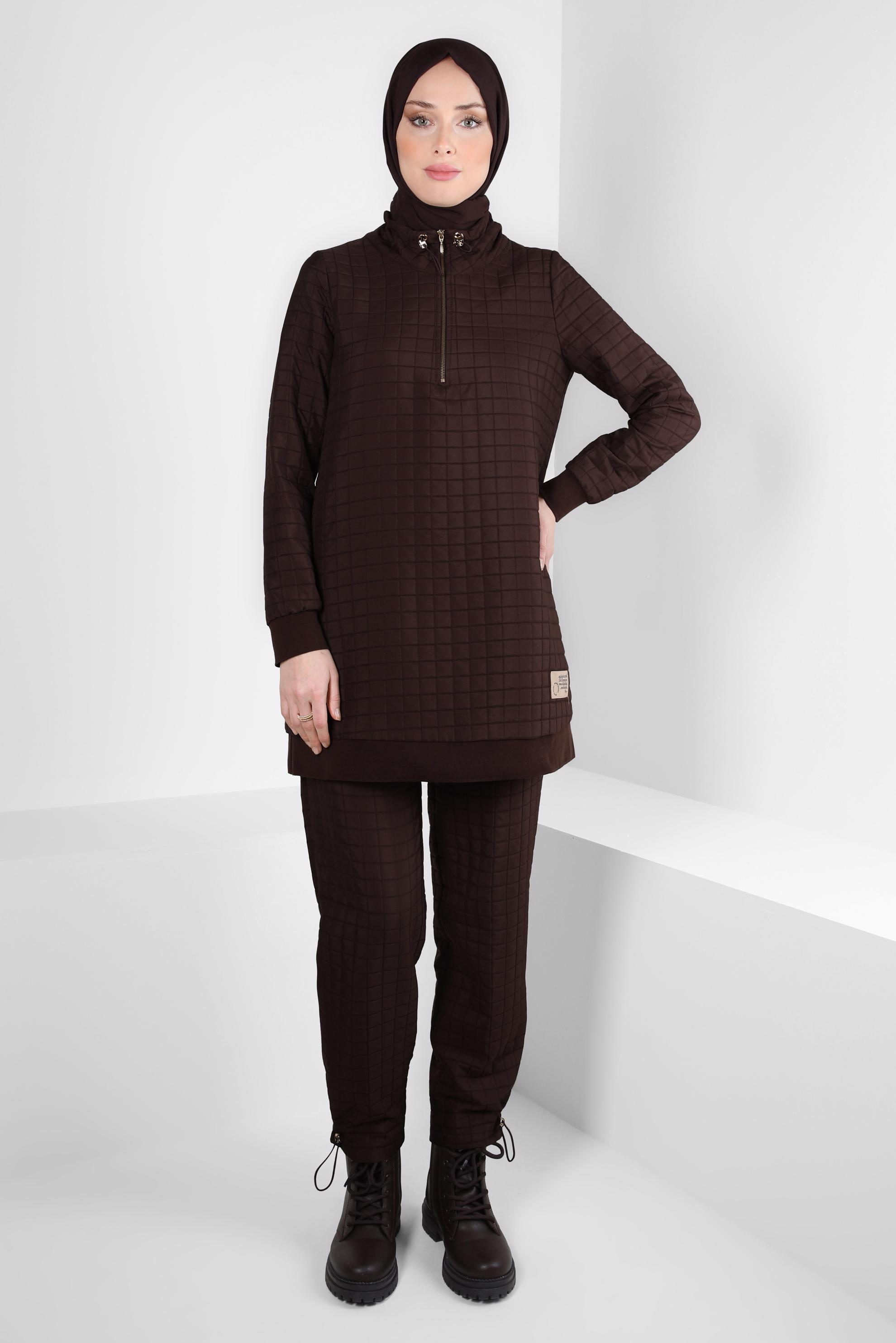 Tesettür giyim KAHVE KAPİTONE DESENLİ PANTOLONLU TAKIM 44361